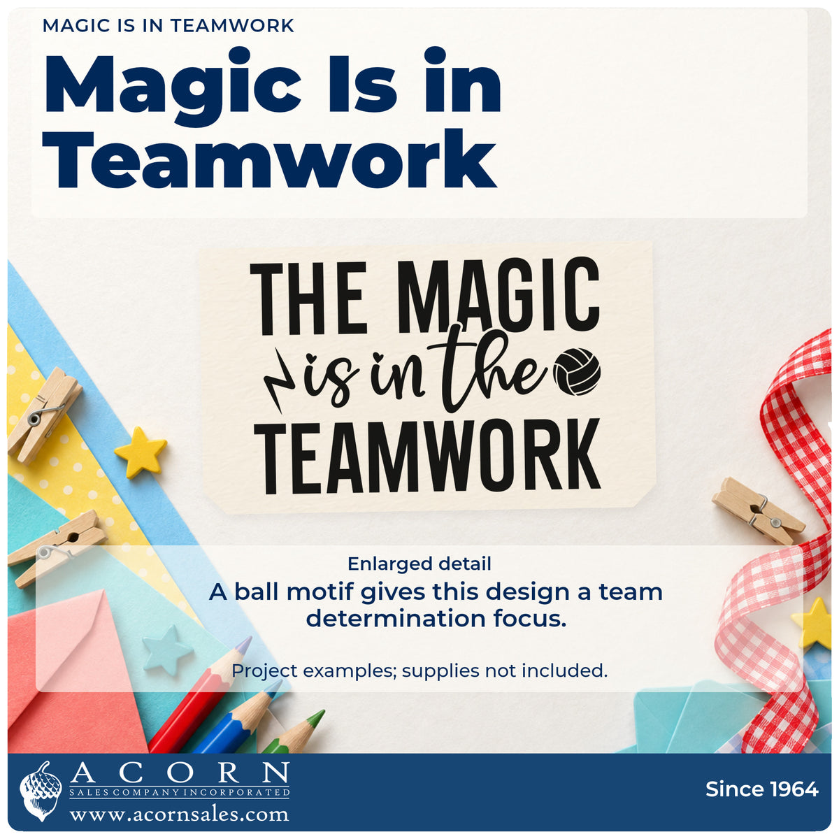 Enlarged detail of the The Magic Is In The Teamwork Volleyball PSI Pre-Inked Stamp imprint. THE MAGIC is in the TEAMWORK appears with a lightning bolt and volleyball-style ball.