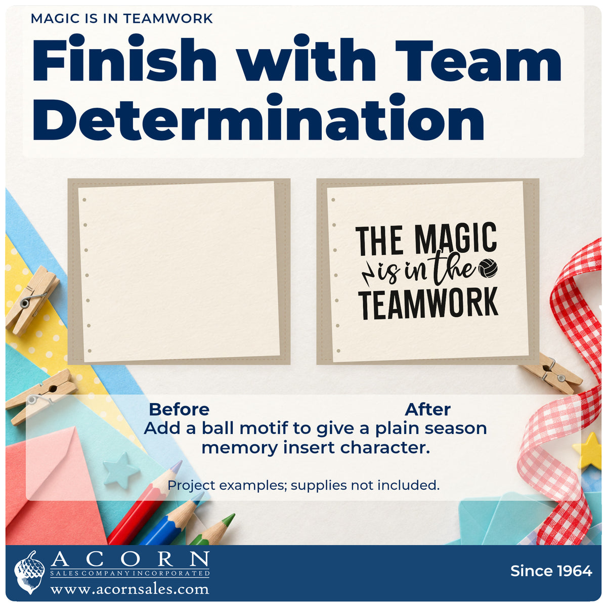Before and after of a plain item finished with the The Magic Is In The Teamwork Volleyball Stamp – Self-Inking, a quick upgrade for framed officials room.