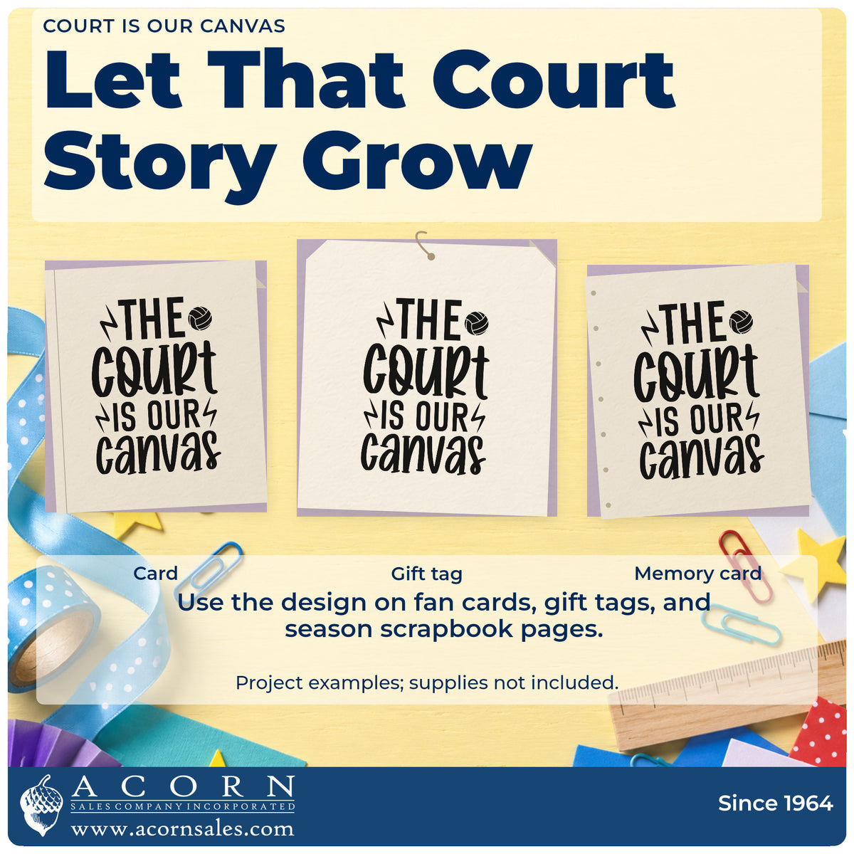 Three project examples made with the The Court Is Our Canvas Volleyball Wood Handle Stamp, including panel assign sheet.