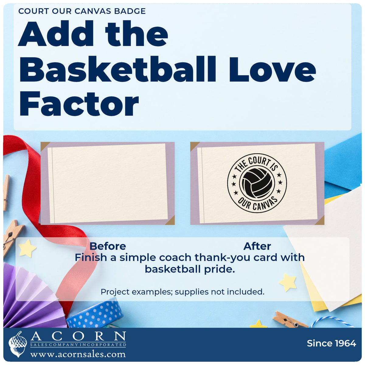 Before and after of a plain item finished with the Premium Wooden Court Is Our Canvas Volleyball Badge Stamp – Vintage Pro, a quick upgrade for framed gym corridor.