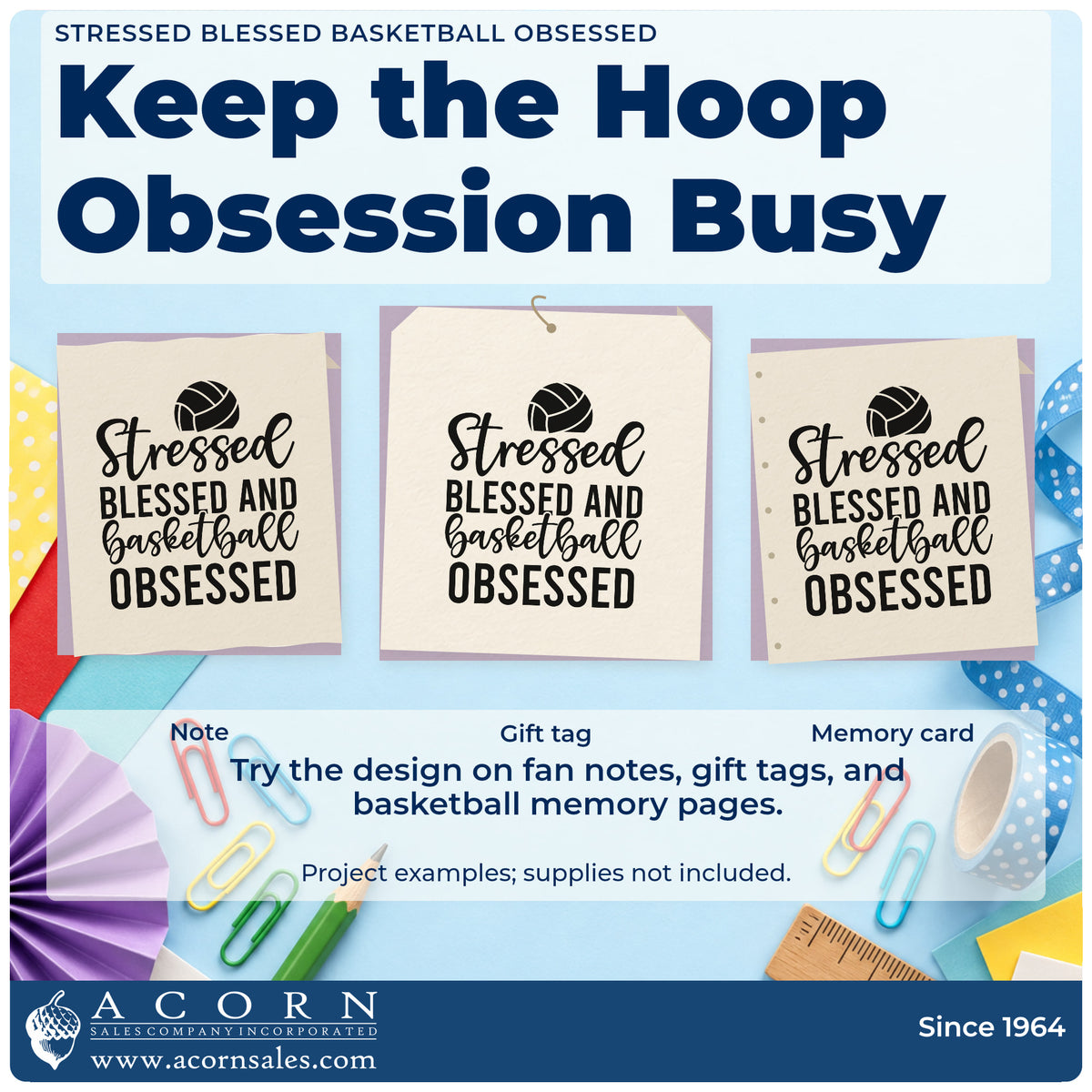 Three project examples made with the Stressed Blessed Basketball Obsessed Ball Hand Stamp – Duo, including ride rota sheet.