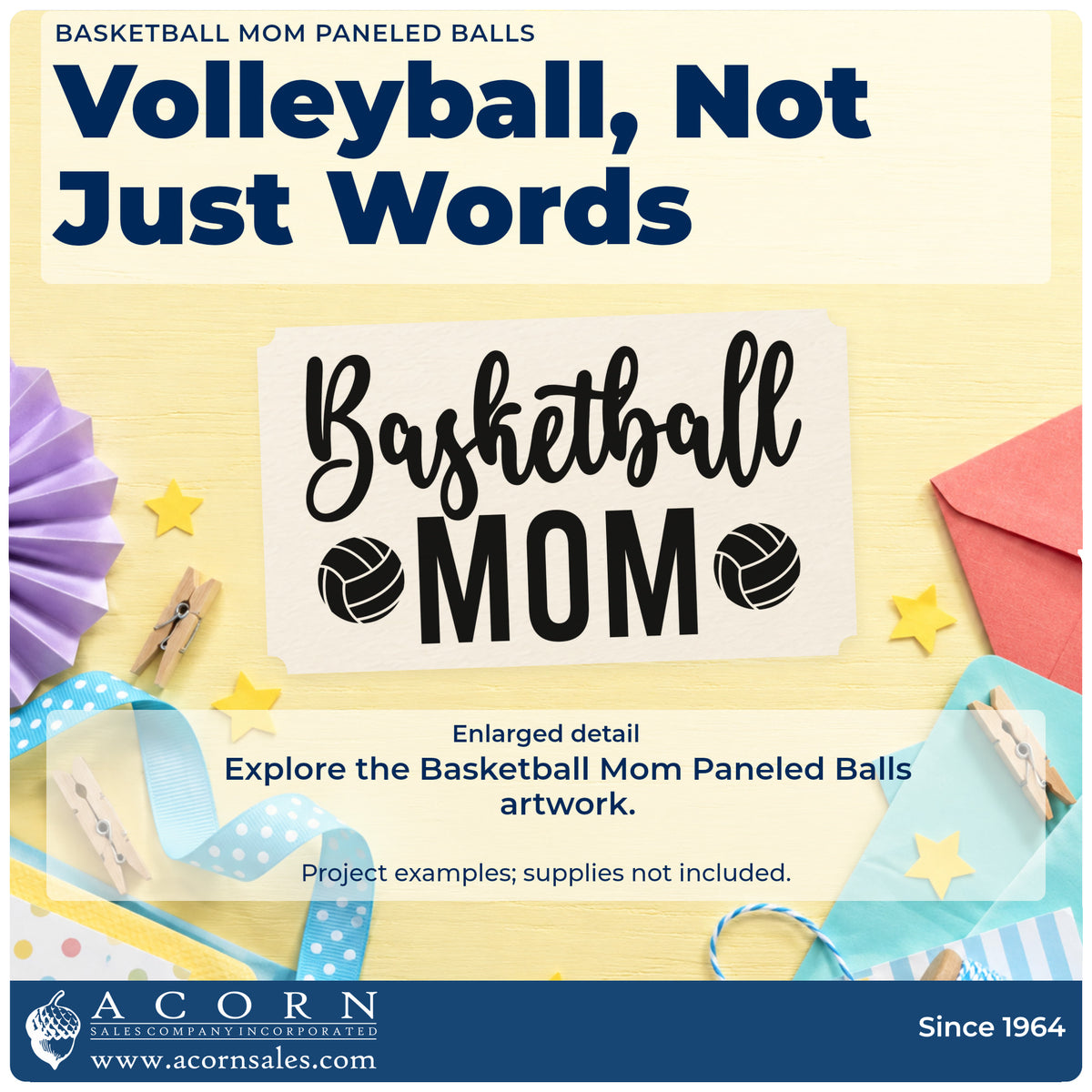 Enlarged detail of the Basketball Mom With Two Paneled Balls Pre-Inked Stamp – Slim imprint. Basketball MOM appears with two volleyball-style balls flanking MOM.