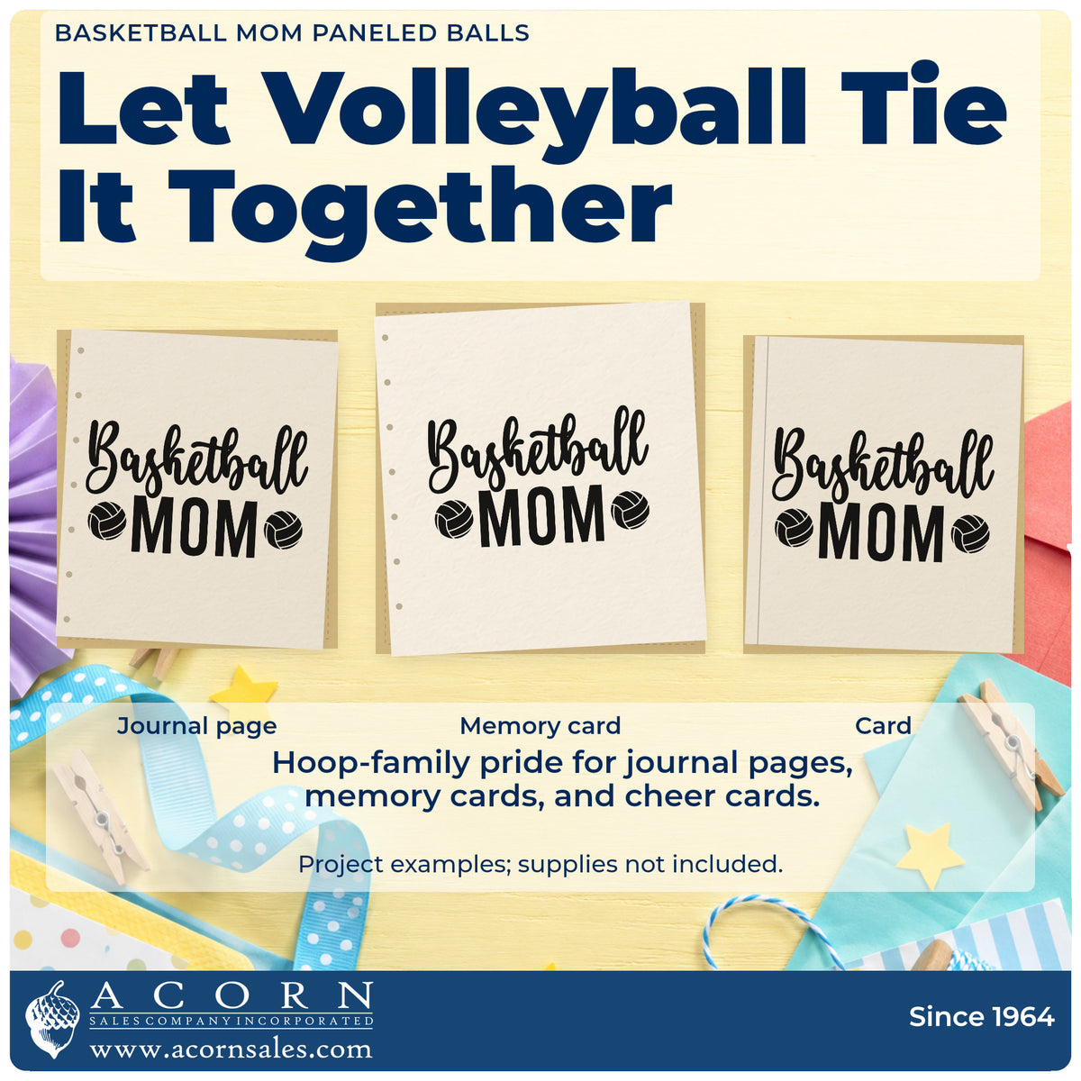 Three project examples made with the Duo Hand Basketball Mom With Two Paneled Balls Rubber Stamp, including wash rota sheet.
