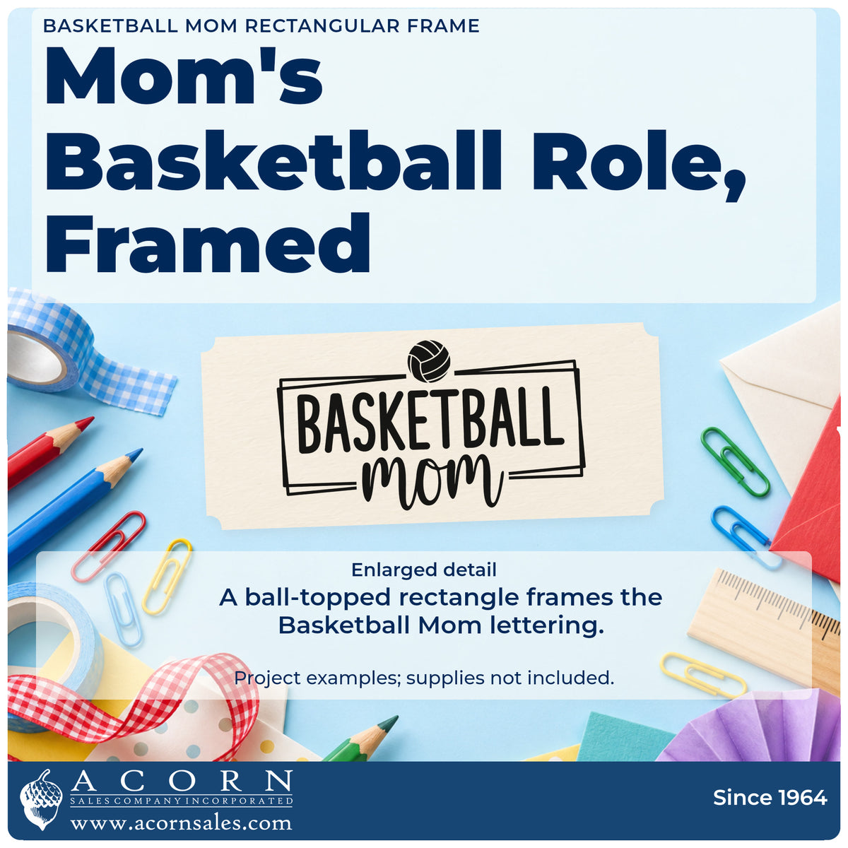 Enlarged detail of the Self-Inking Basketball Mom Rectangular Frame Stamp imprint. BASKETBALL mom appears inside a rectangular frame topped with a volleyball-style ball.