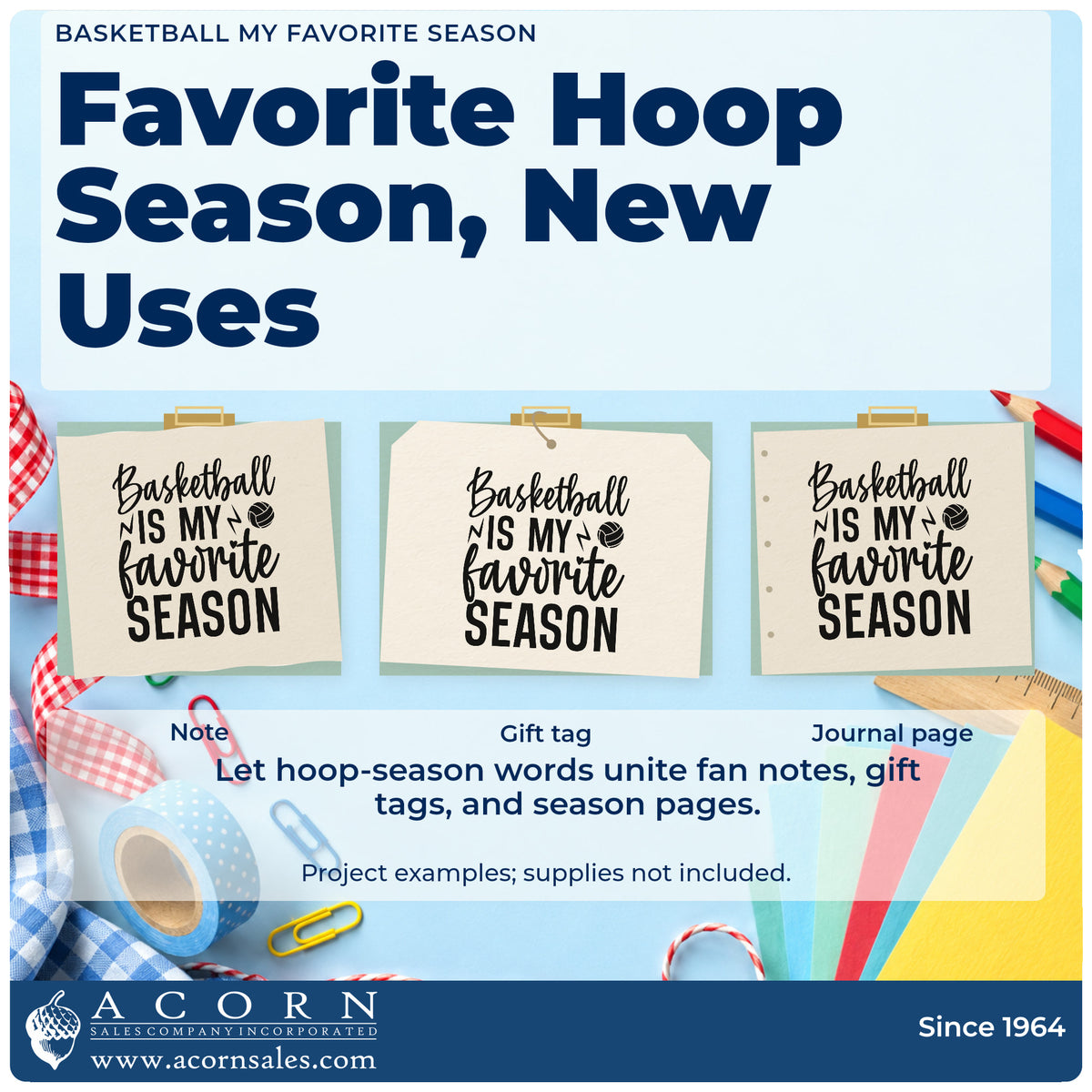 Three project examples made with the Basketball Is My Favorite Season Rubber Stamp – Wood Handle, including game night sheet.