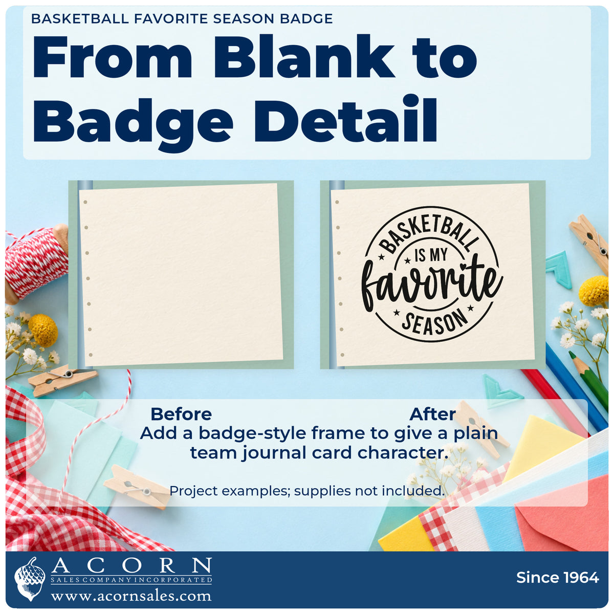 Before and after of a plain item finished with the Basketball Favorite Season Badge Slim Pre-Inked Stamp, a quick upgrade for framed hall shelf.