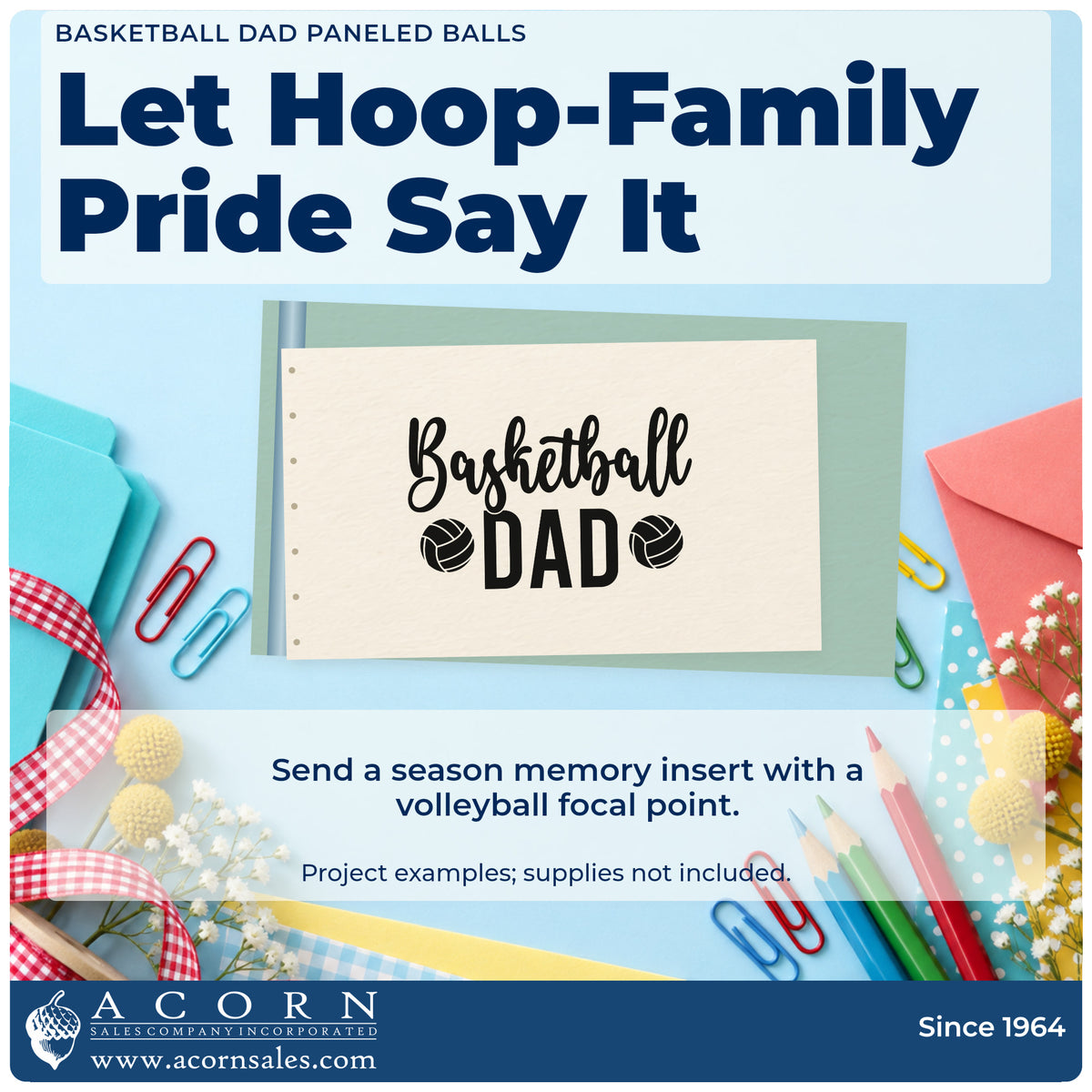 A finished handmade project stamped with the Duo Hand Basketball Dad With Two Paneled Balls Rubber Stamp, ideal for tailgate album page.