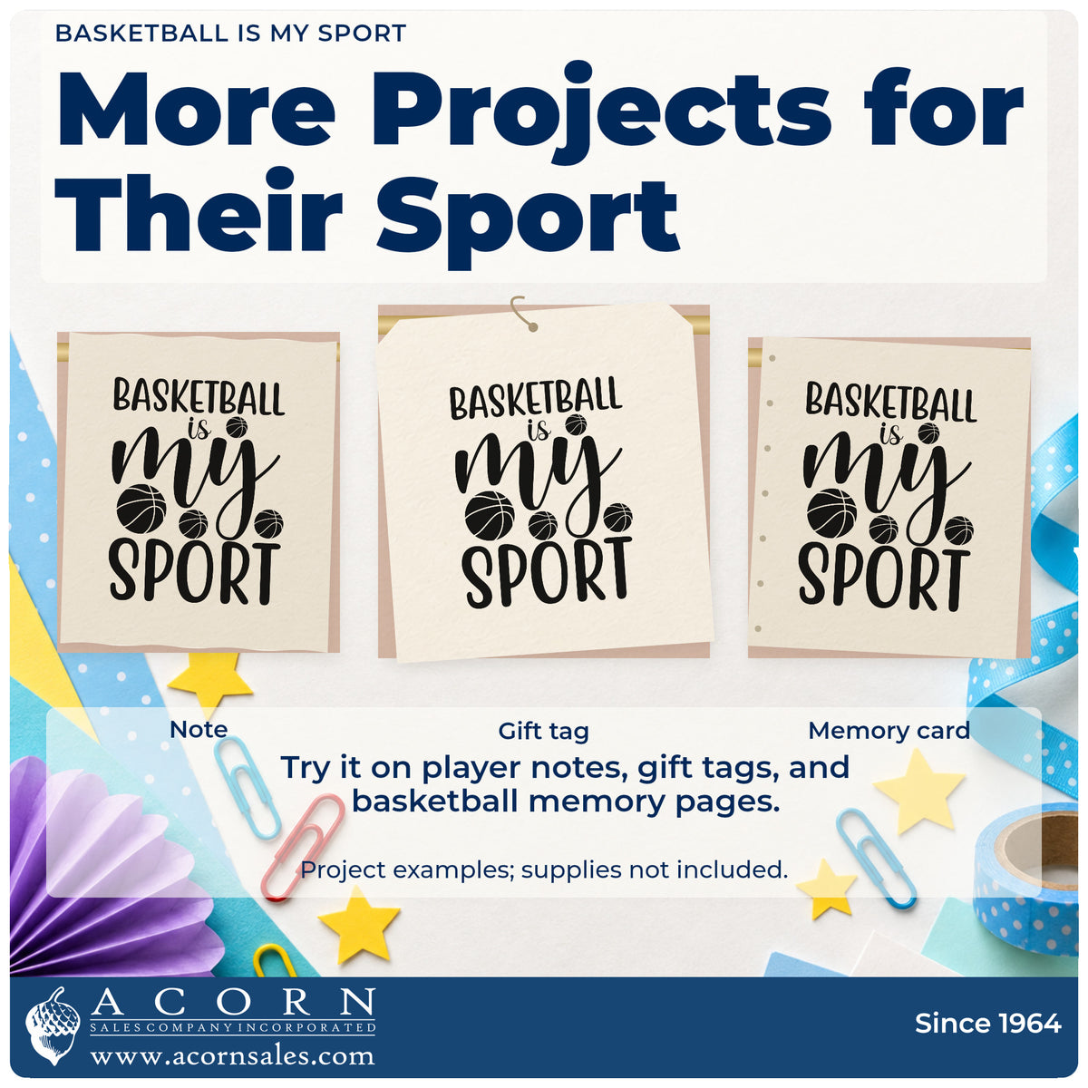 Three project examples made with the My Sport Basketball Lettering PSI Pre-Inked Stamp, including skill learn sheet.