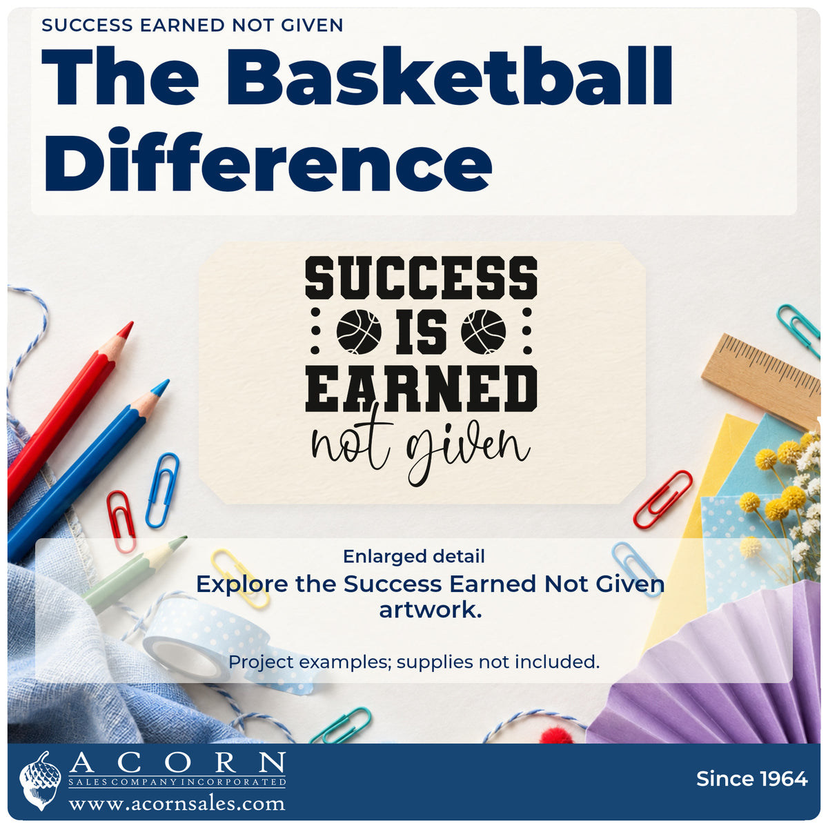 Enlarged detail of the Success Is Earned Not Given Basketball PSI Pre-Inked Stamp imprint. SUCCESS IS EARNED not given appears with two basketballs and dotted side accents.