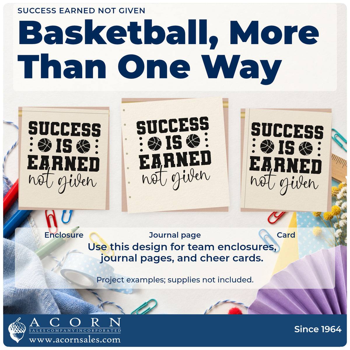 Three project examples made with the Wood Handle Success Is Earned Not Given Basketball Rubber Stamp, including make tally sheet.