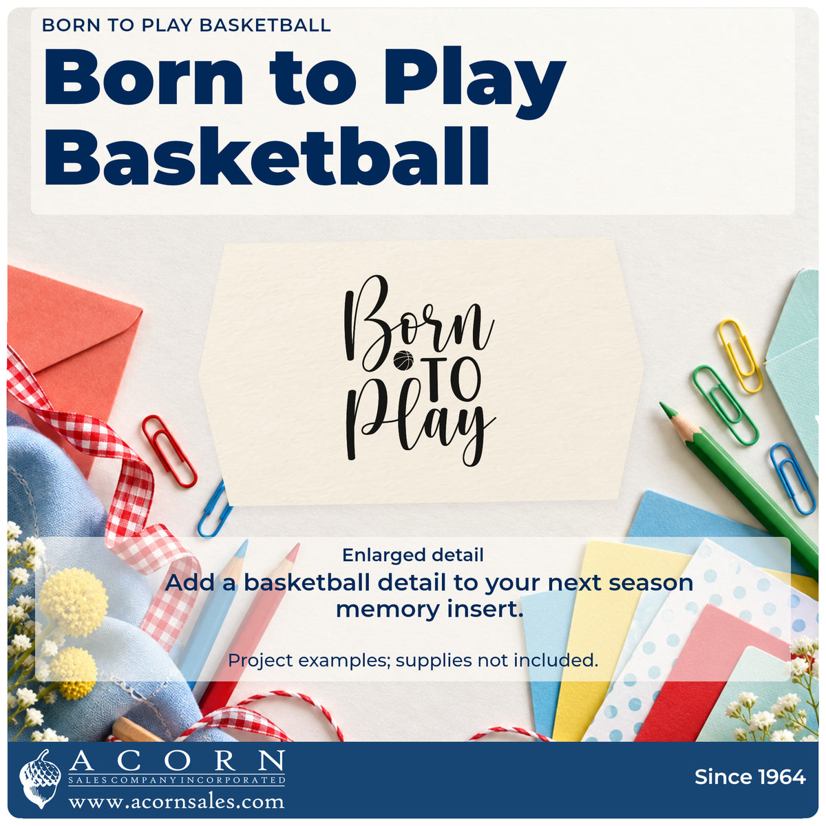 Enlarged detail of the Born To Play Basketball Lettering Rubber Stamp – Wood Handle imprint. Born TO Play appears in flowing lettering with a small basketball.