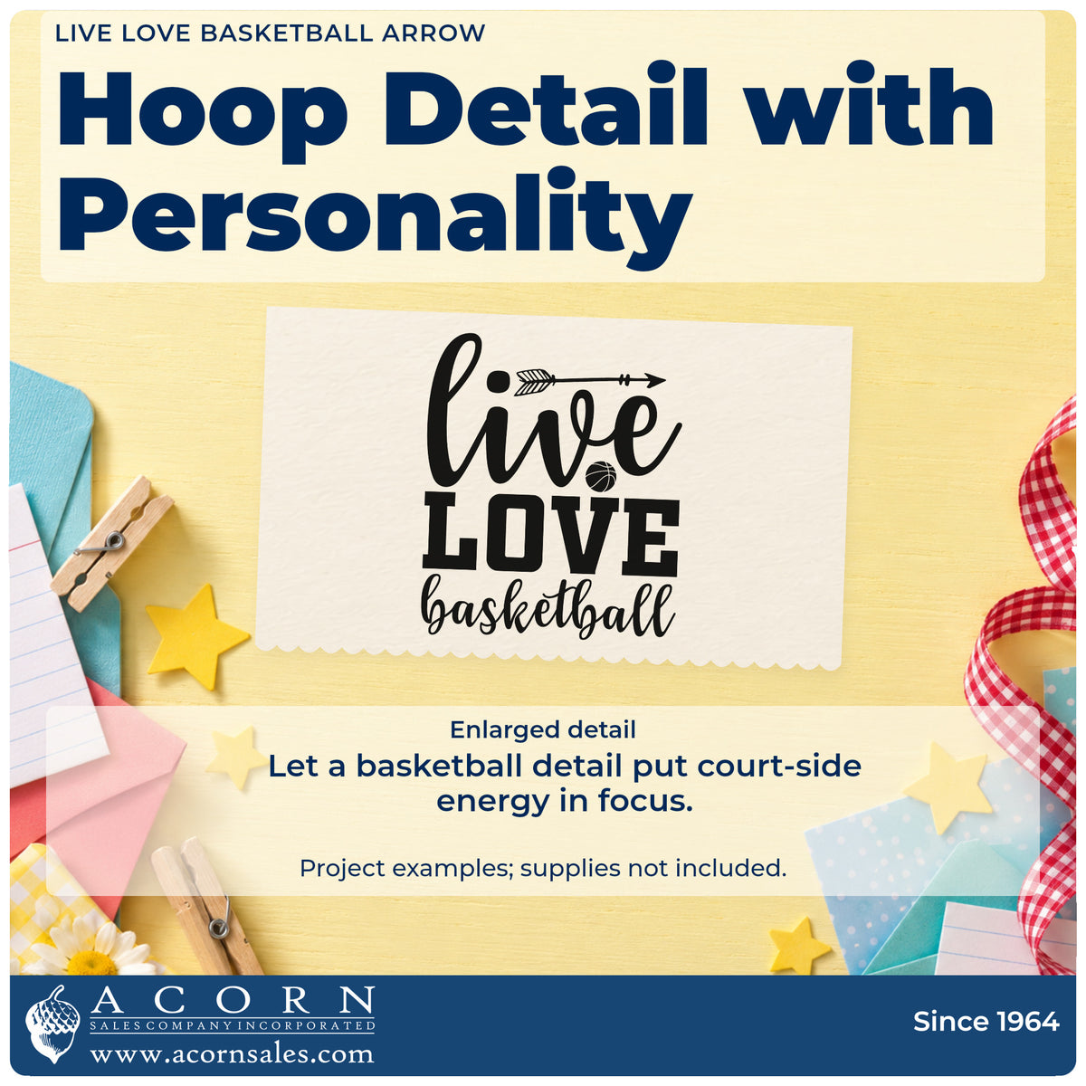 Enlarged detail of the Live Love Basketball Arrow Rubber Stamp – Wood Handle imprint. live LOVE basketball appears with an arrow and small basketball.