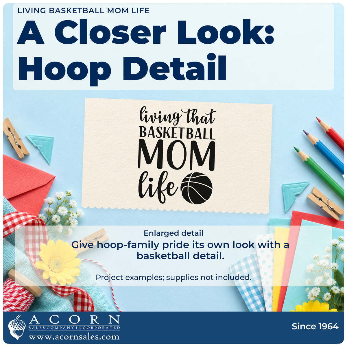 Enlarged detail of the Living That Basketball Mom Life Stamp – Self-Inking imprint. living that BASKETBALL MOM life appears with a large basketball.