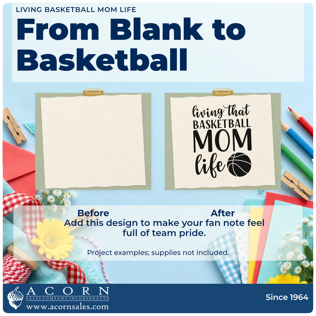 Before and after of a plain item finished with the Living That Basketball Mom Life Premium Wooden Stamp – Vintage Pro, a quick upgrade for framed gym foyer.