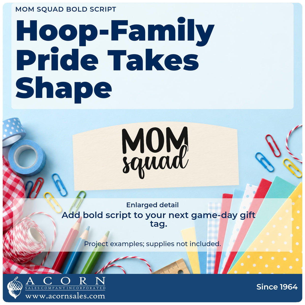 Enlarged detail of the Mom Squad Stamp – Slim Pre-Inked imprint. MOM squad appears in bold capitals and flowing script.