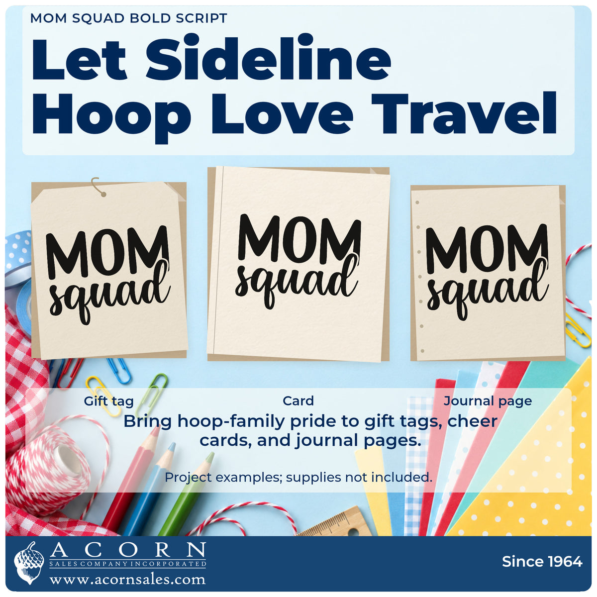 Three project examples made with the Mom Squad Rubber Stamp – Wood Handle, including order count sheet.