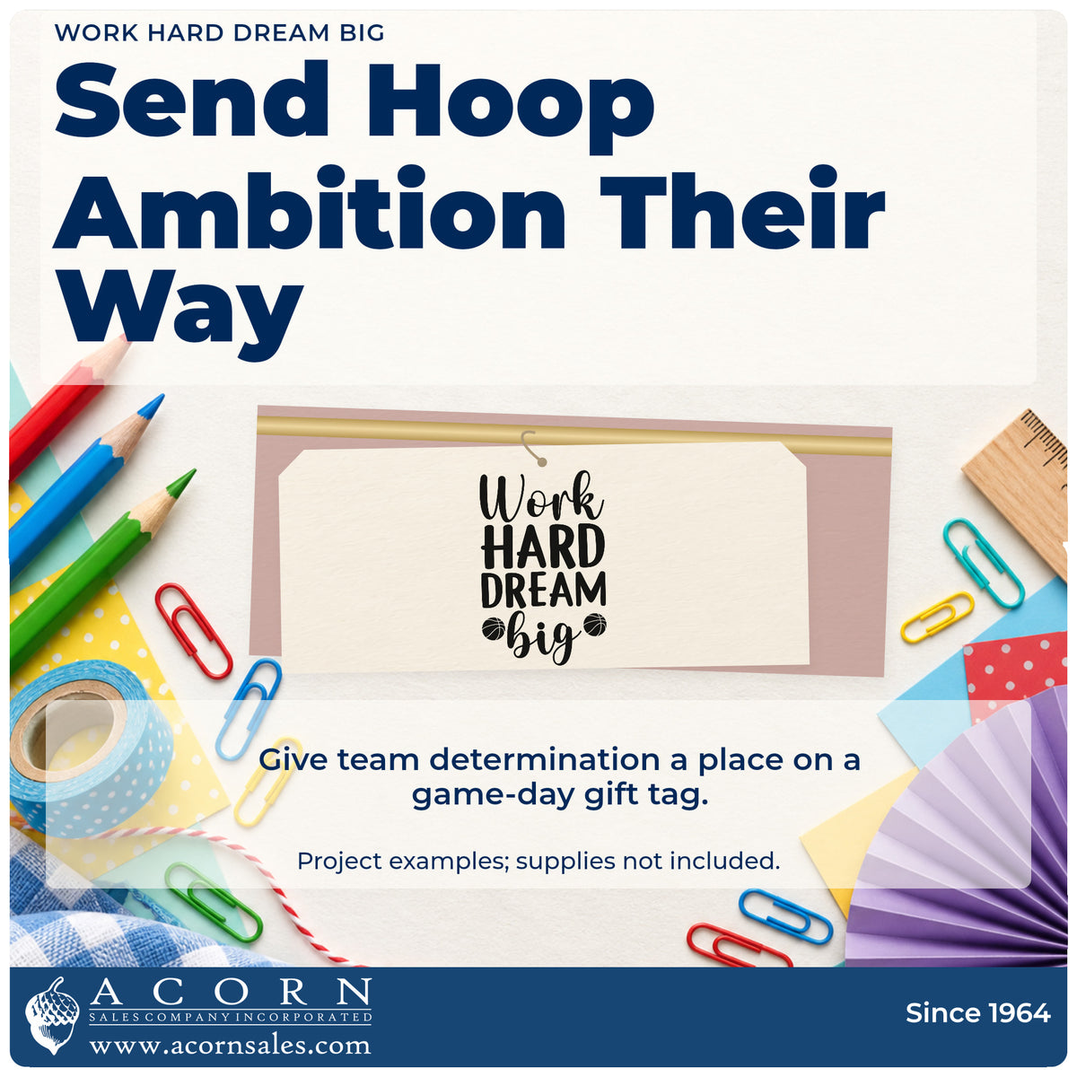 A finished handmade project stamped with the Work Hard Dream Big Basketball Rubber Stamp – Wood Handle, ideal for recruit album page.