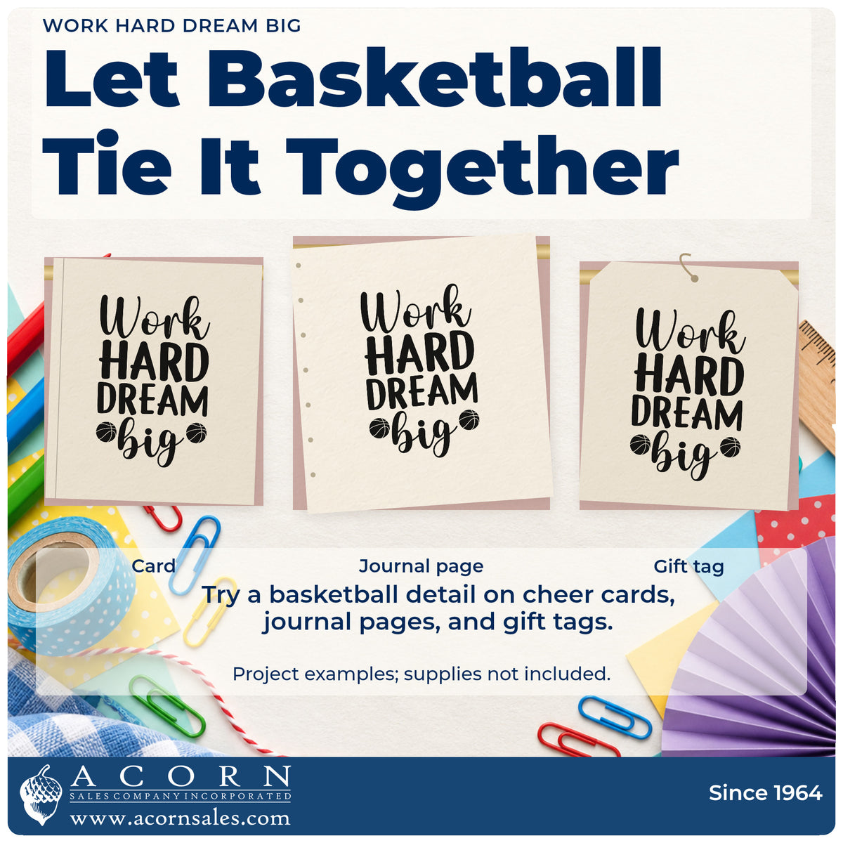 Three project examples made with the PSI Pre-Inked Work Hard Dream Big Basketball Stamp, including contact track sheet.