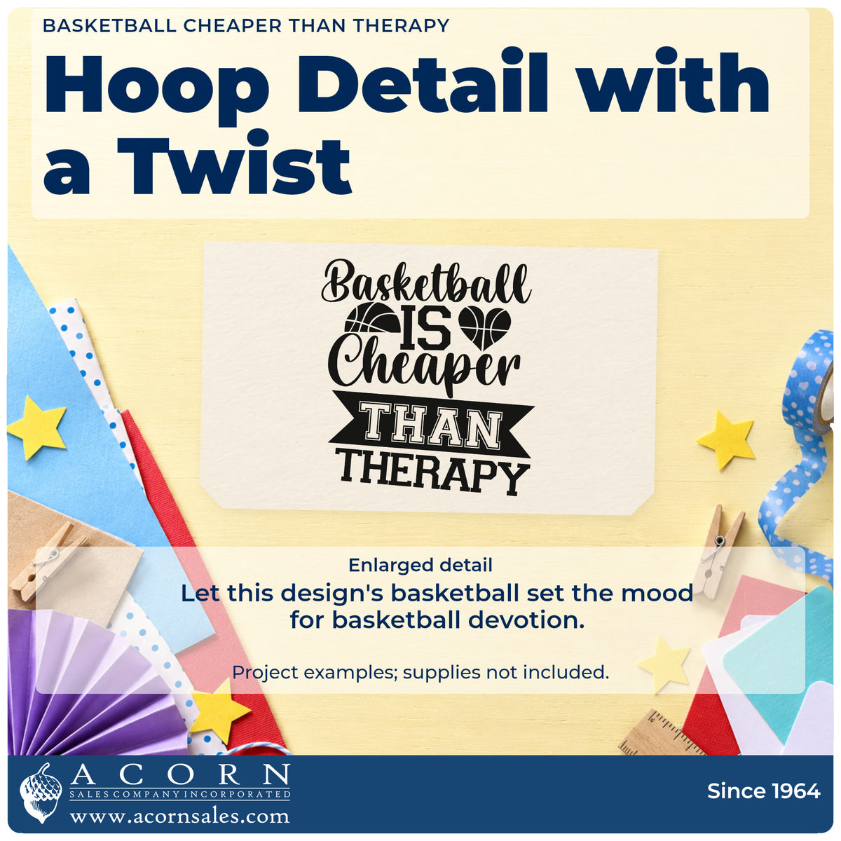 Enlarged detail of the Basketball Cheaper Than Therapy Wood Handle Stamp imprint. Basketball IS Cheaper THAN THERAPY appears with basketball shapes, a heart, and a ribbon.