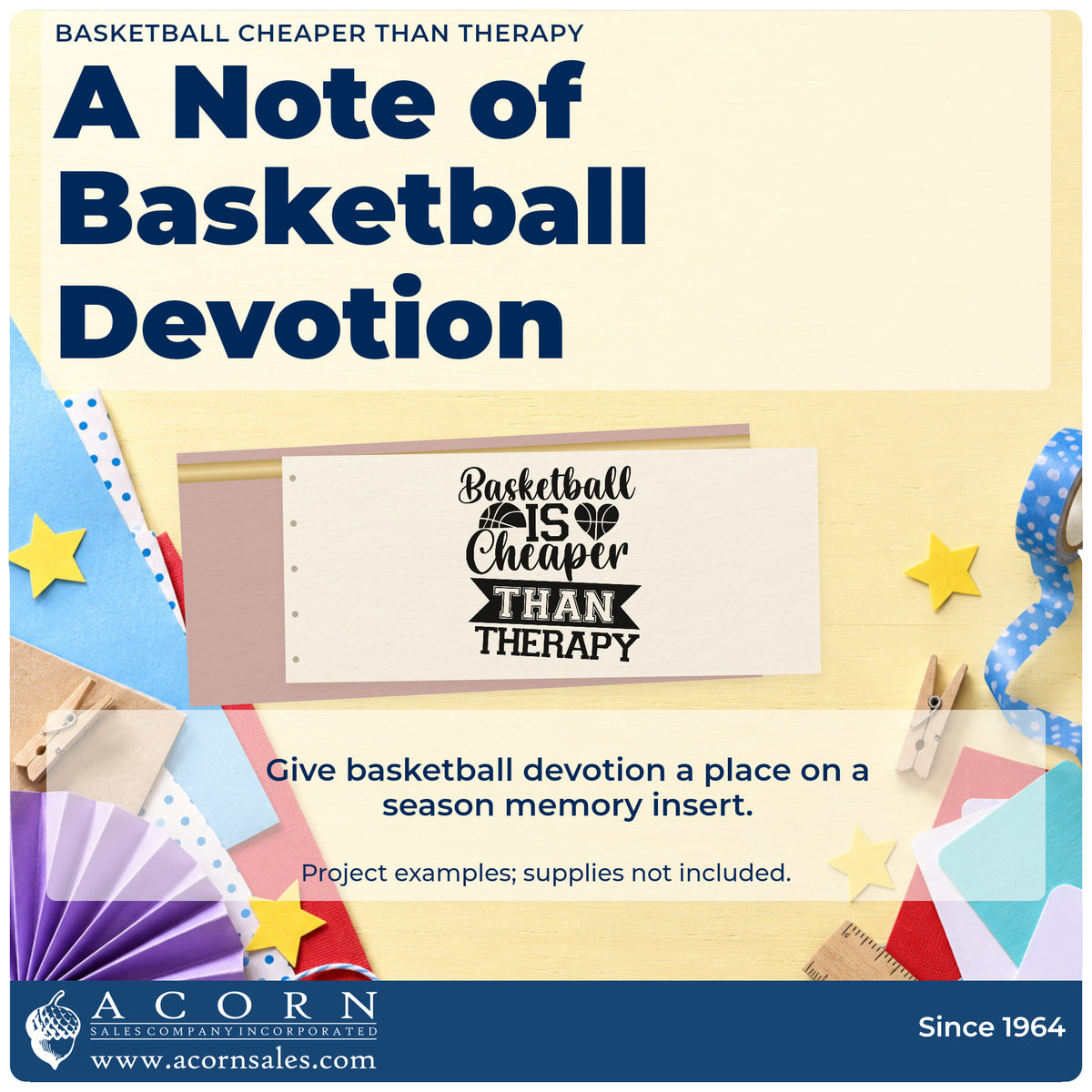 A finished handmade project stamped with the Slim Pre-Inked Basketball Cheaper Than Therapy Stamp, ideal for adult league album page.