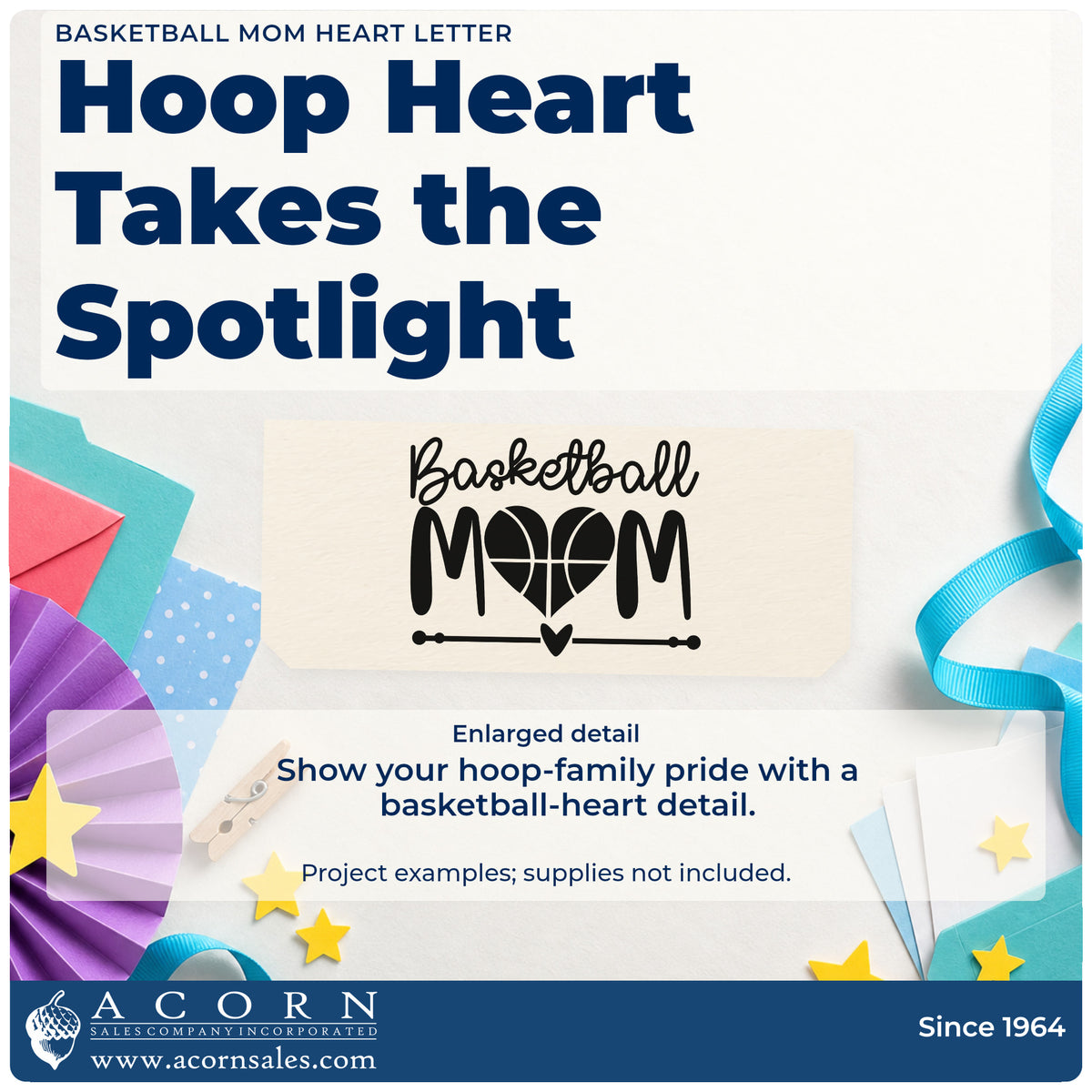 Enlarged detail of the Basketball Mom Heart Letter Premium Wooden Stamp – Vintage Pro imprint. Basketball MOM uses a basketball-pattern heart in place of the O with a heart-tipped rule below.