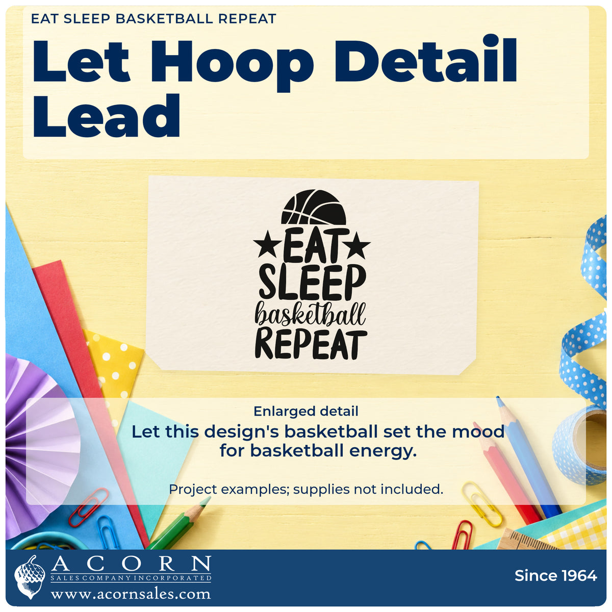 Enlarged detail of the Eat Sleep Basketball Repeat Slim Pre-Inked Stamp imprint. EAT SLEEP basketball REPEAT appears below a half basketball with stars.