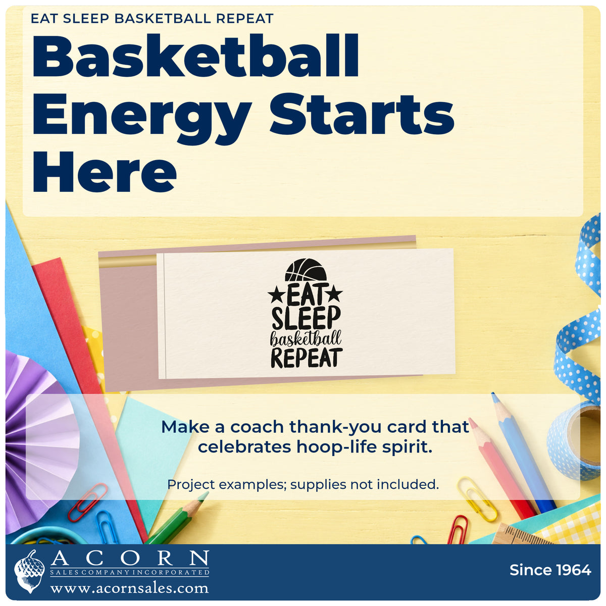A finished handmade project stamped with the Eat Sleep Basketball Repeat Slim Pre-Inked Stamp, ideal for summer album page.