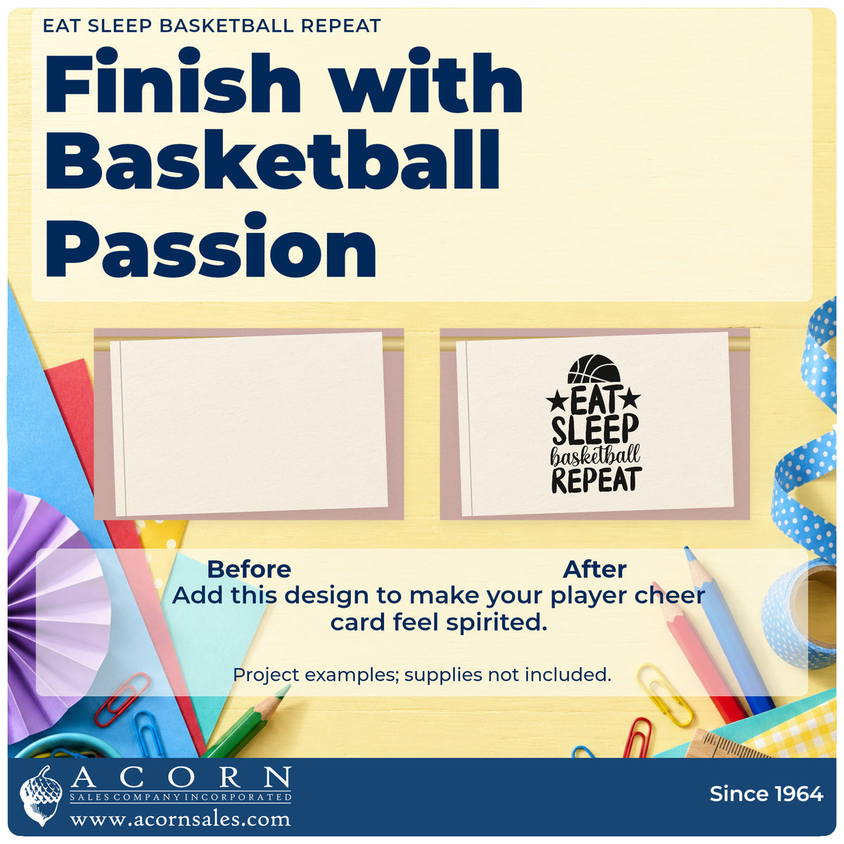Before and after of a plain item finished with the Eat Sleep Basketball Repeat Slim Pre-Inked Stamp, a quick upgrade for framed bedroom door.