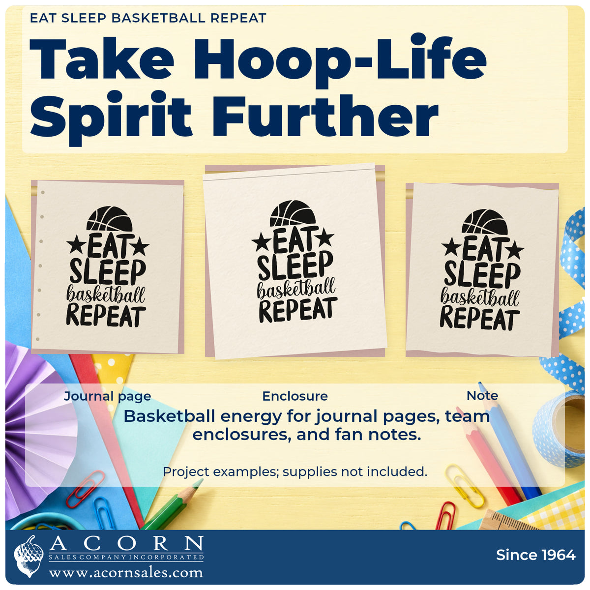 Three project examples made with the Eat Sleep Basketball Repeat Slim Pre-Inked Stamp, including daily rhythm sheet.