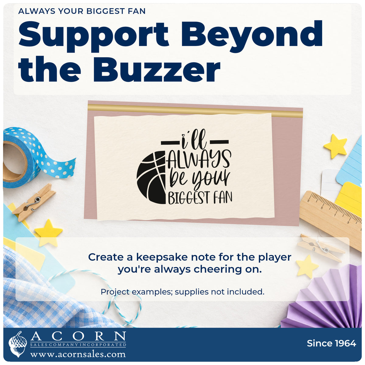 A finished handmade project stamped with the I'll Always Be Your Biggest Fan Basketball Motif Rubber Stamp – Duo Hand, ideal for career album page.