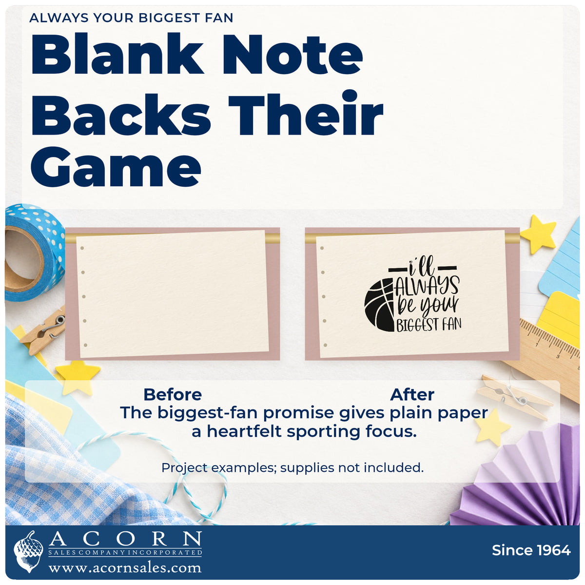 Before and after of a plain item finished with the Wood Handle I'll Always Be Your Biggest Fan Basketball Motif Rubber Stamp, a quick upgrade for framed family shelf.