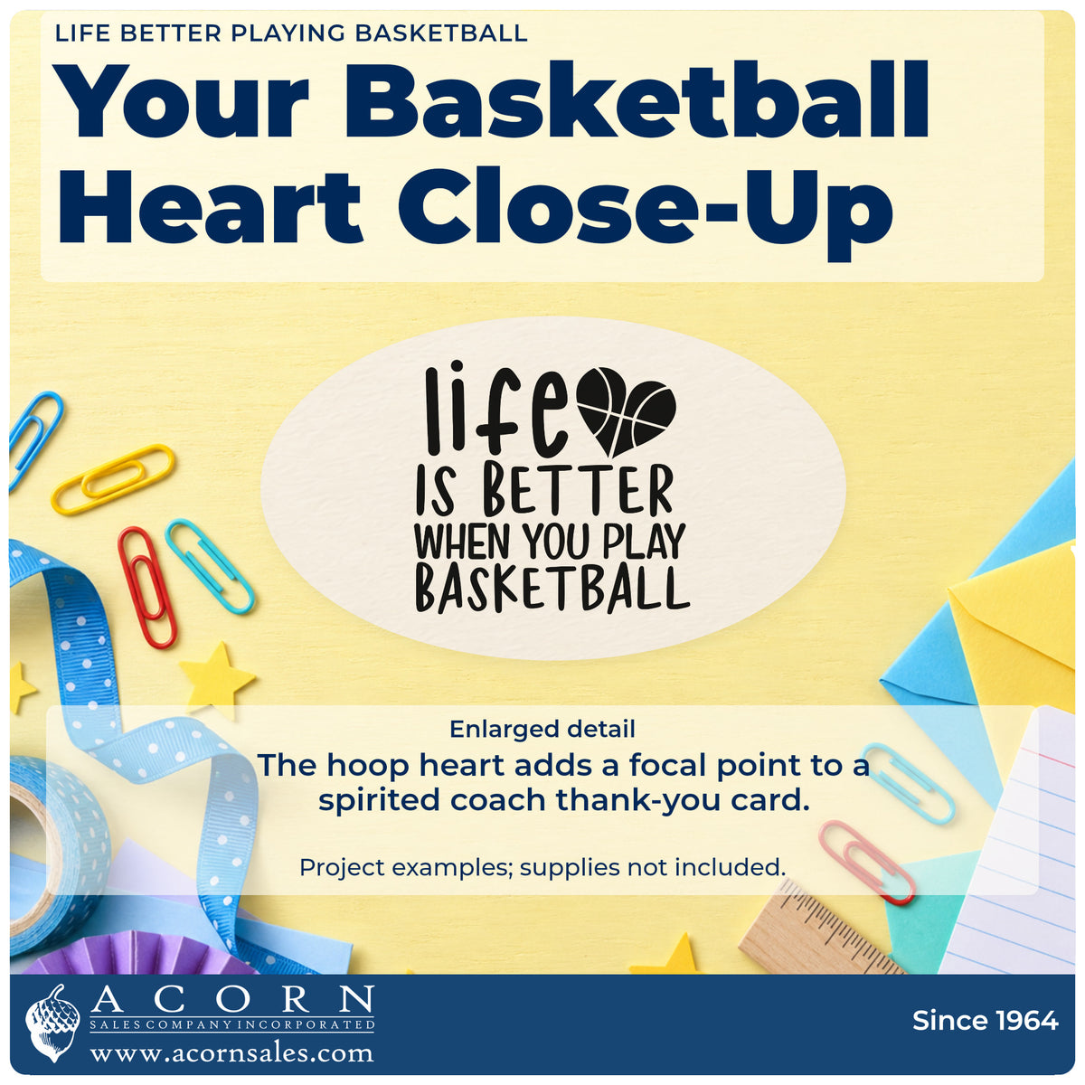 Enlarged detail of the Life Better Playing Basketball With Hearts Stamp – Slim Pre-Inked imprint. life IS BETTER WHEN YOU PLAY BASKETBALL appears beside a basketball-pattern heart.