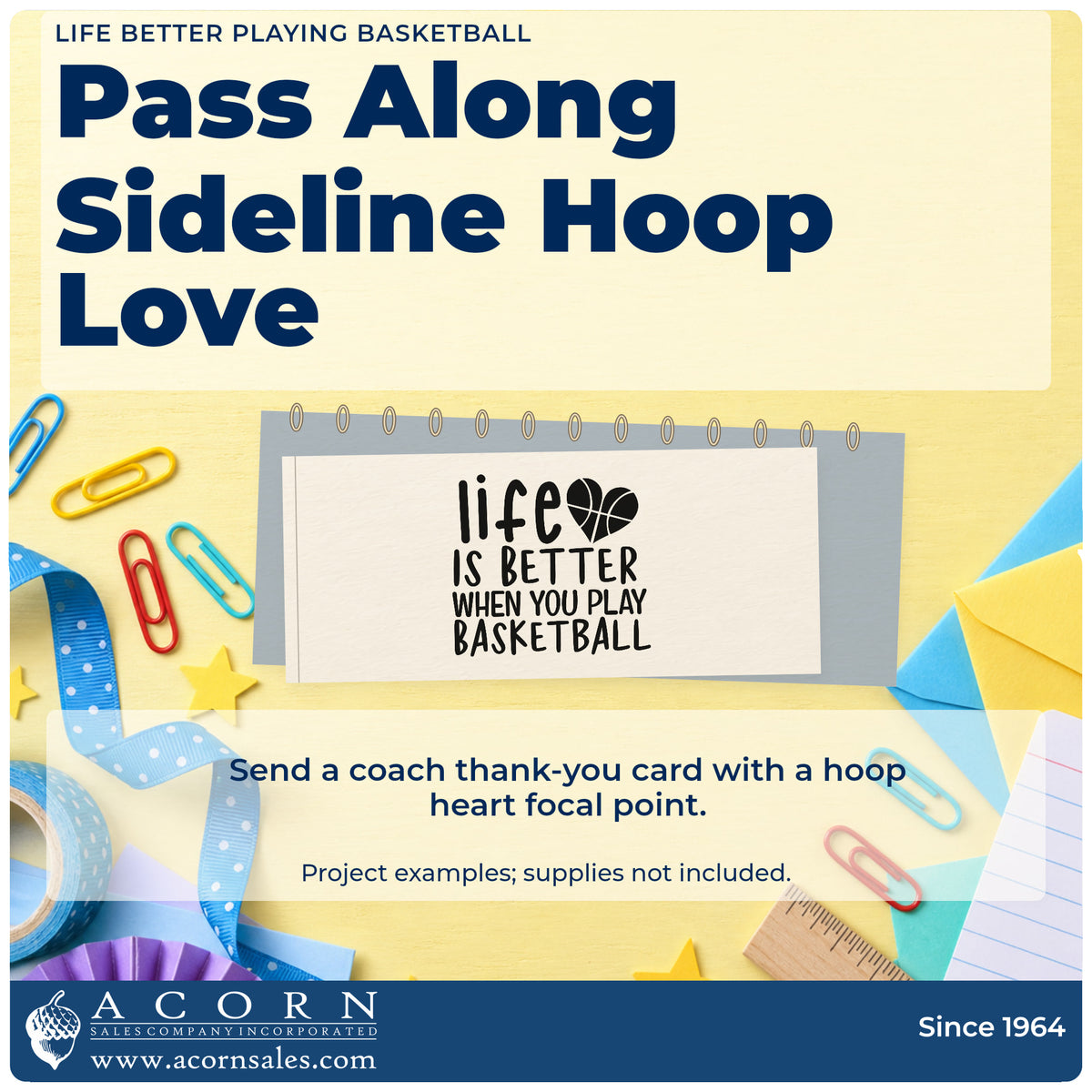 A finished handmade project stamped with the Life Better Playing Basketball With Hearts Stamp – Slim Pre-Inked, ideal for veteran league album page.