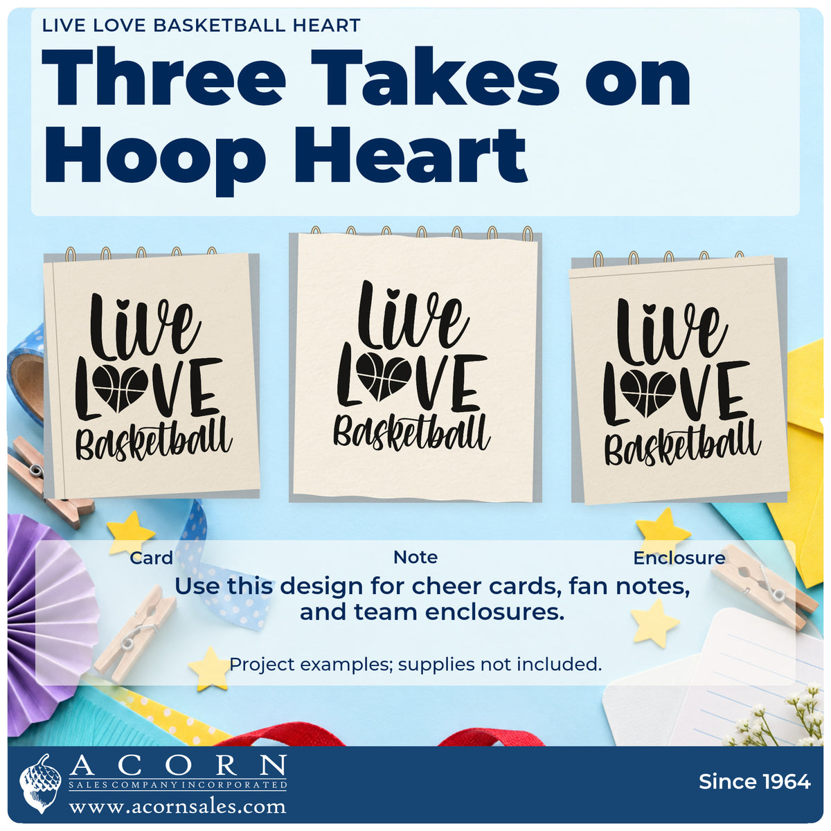 Three project examples made with the Live Love Basketball Craft Stamp – Self-Inking, including party run sheet.