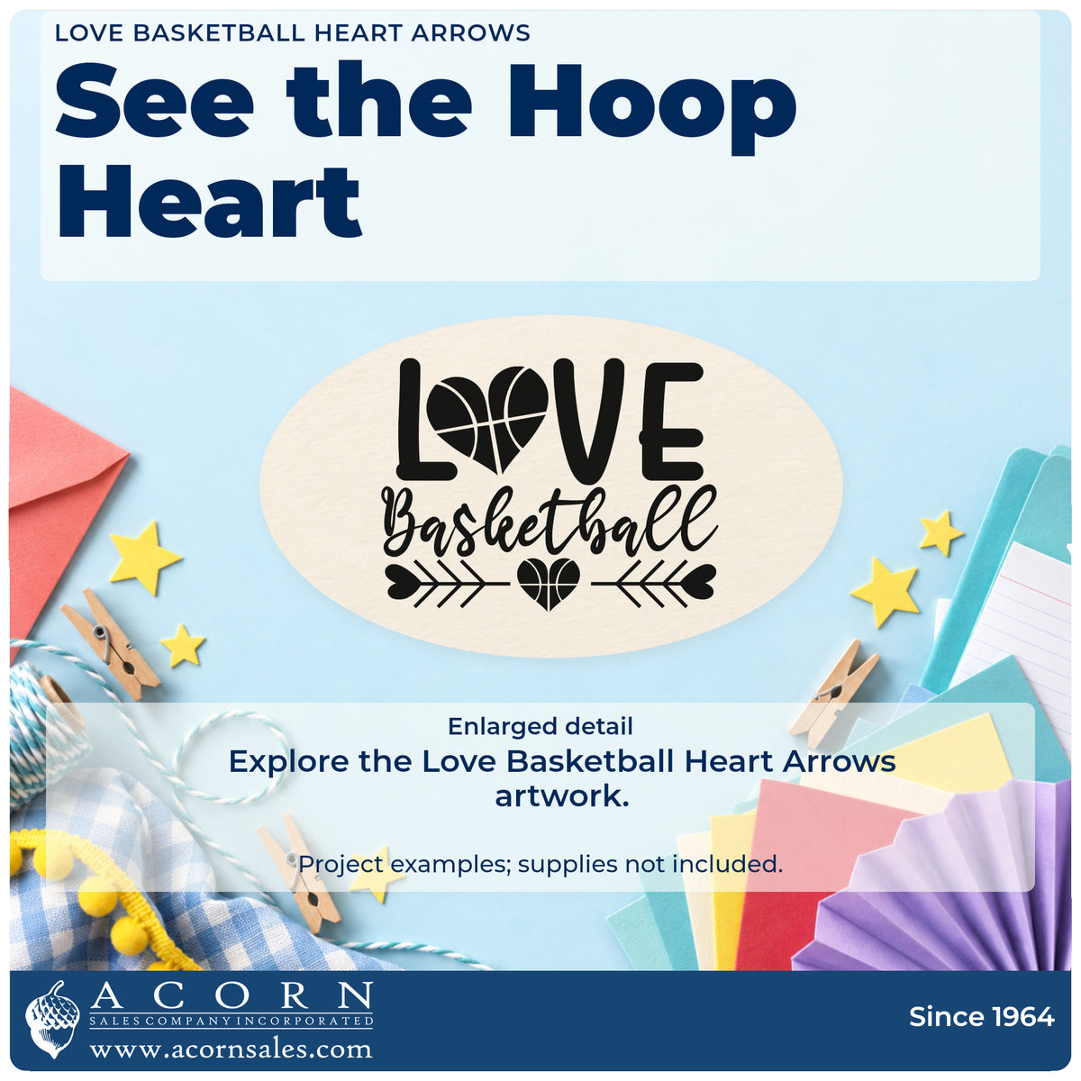 Enlarged detail of the Love Basketball Heart Arrows Rubber Stamp – Duo Hand imprint. LOVE Basketball appears with a heart-shaped O and inward-pointing arrows surrounding another basketball-pattern heart.