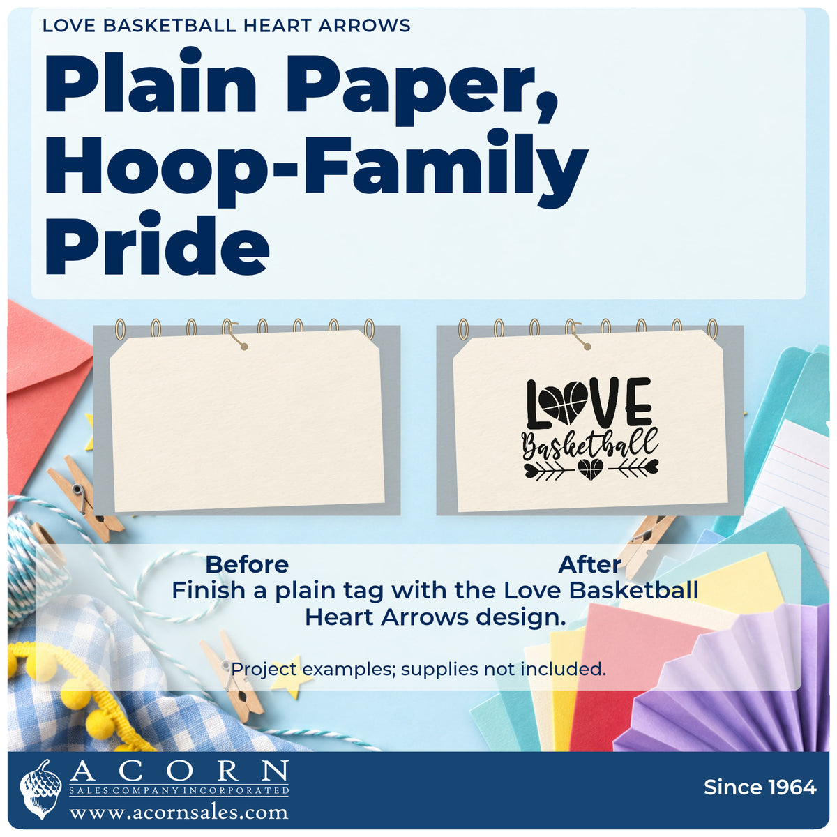 Before and after of a plain item finished with the Vintage Pro Love Basketball Heart Arrows Premium Wooden Stamp, a quick upgrade for framed team room.