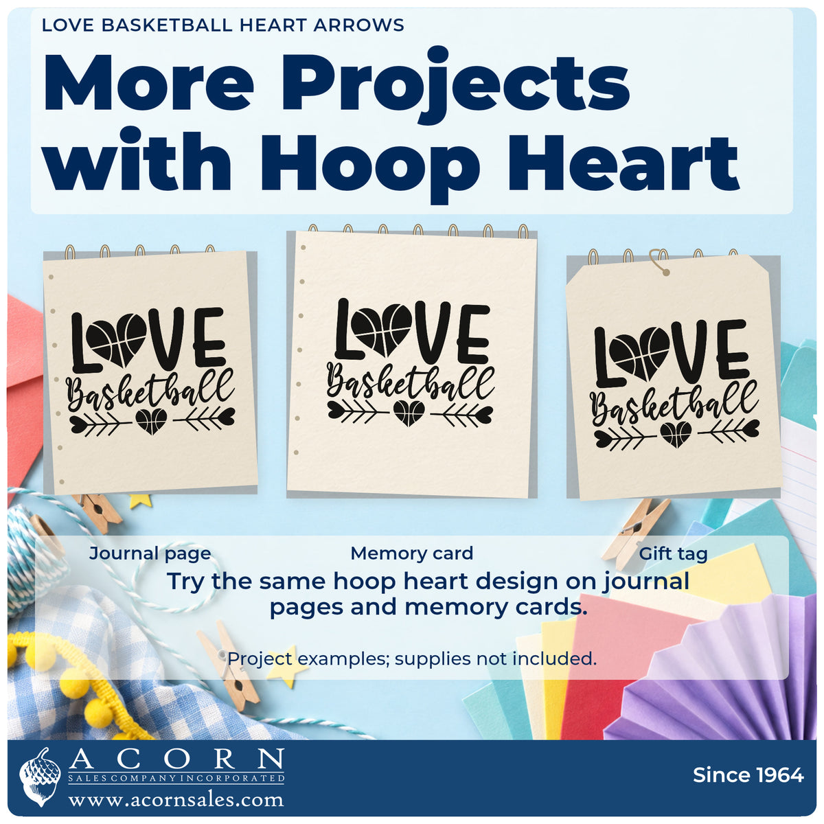 Three project examples made with the Vintage Pro Love Basketball Heart Arrows Premium Wooden Stamp, including draw order sheet.