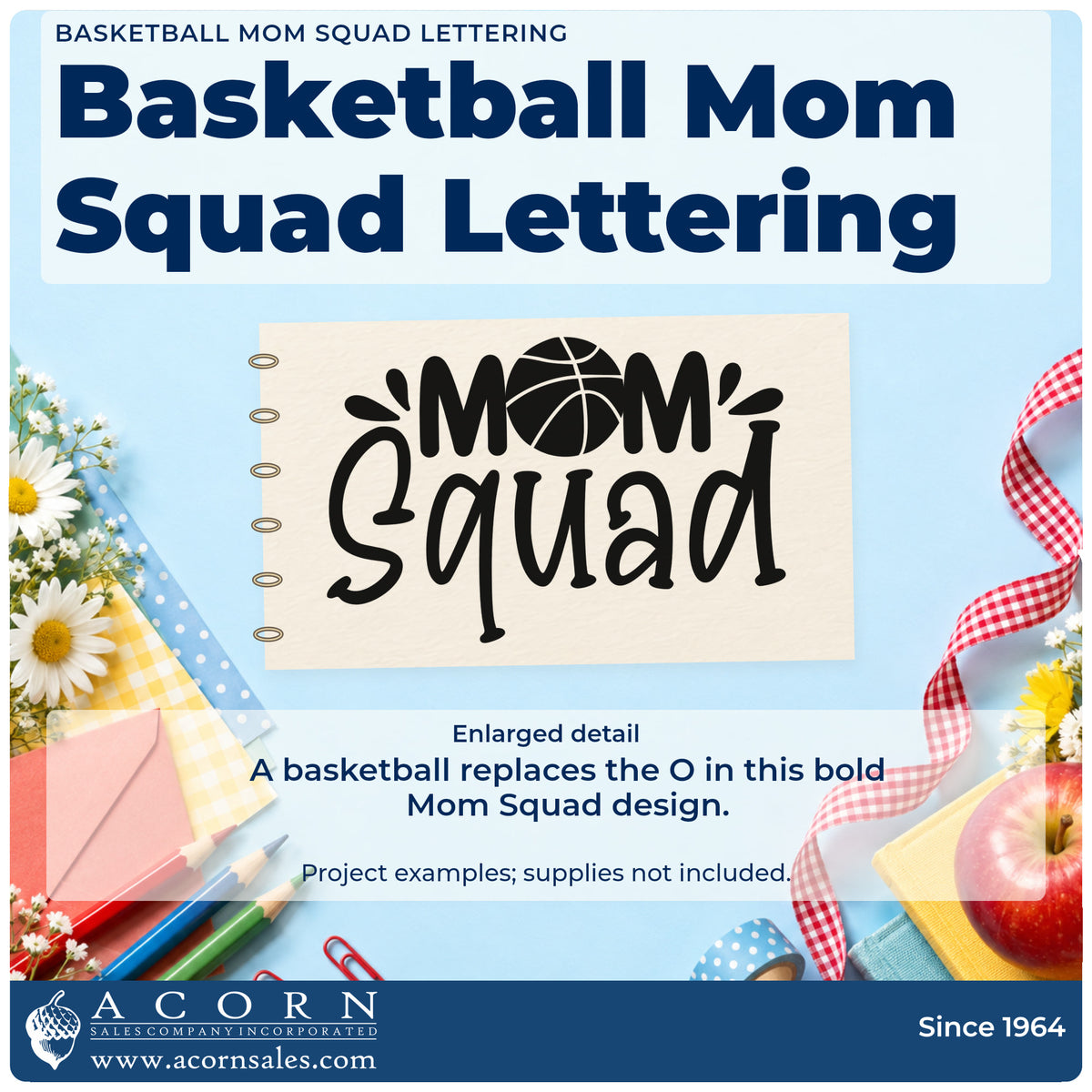 Enlarged detail of the Basketball Mom Squad Word Art Premium Wooden Stamp – Vintage Pro imprint. MOM Squad uses a basketball in place of the O with side accent strokes.