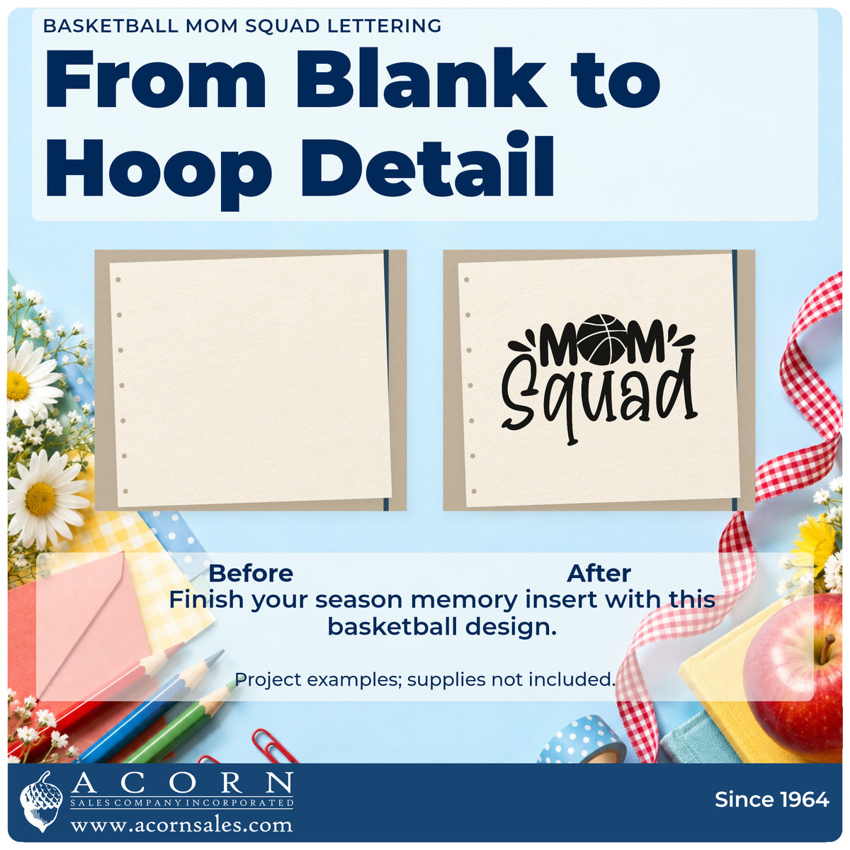 Before and after of a plain item finished with the Basketball Mom Squad Word Art Rubber Stamp – Wood Handle, a quick upgrade for framed gym foyer.
