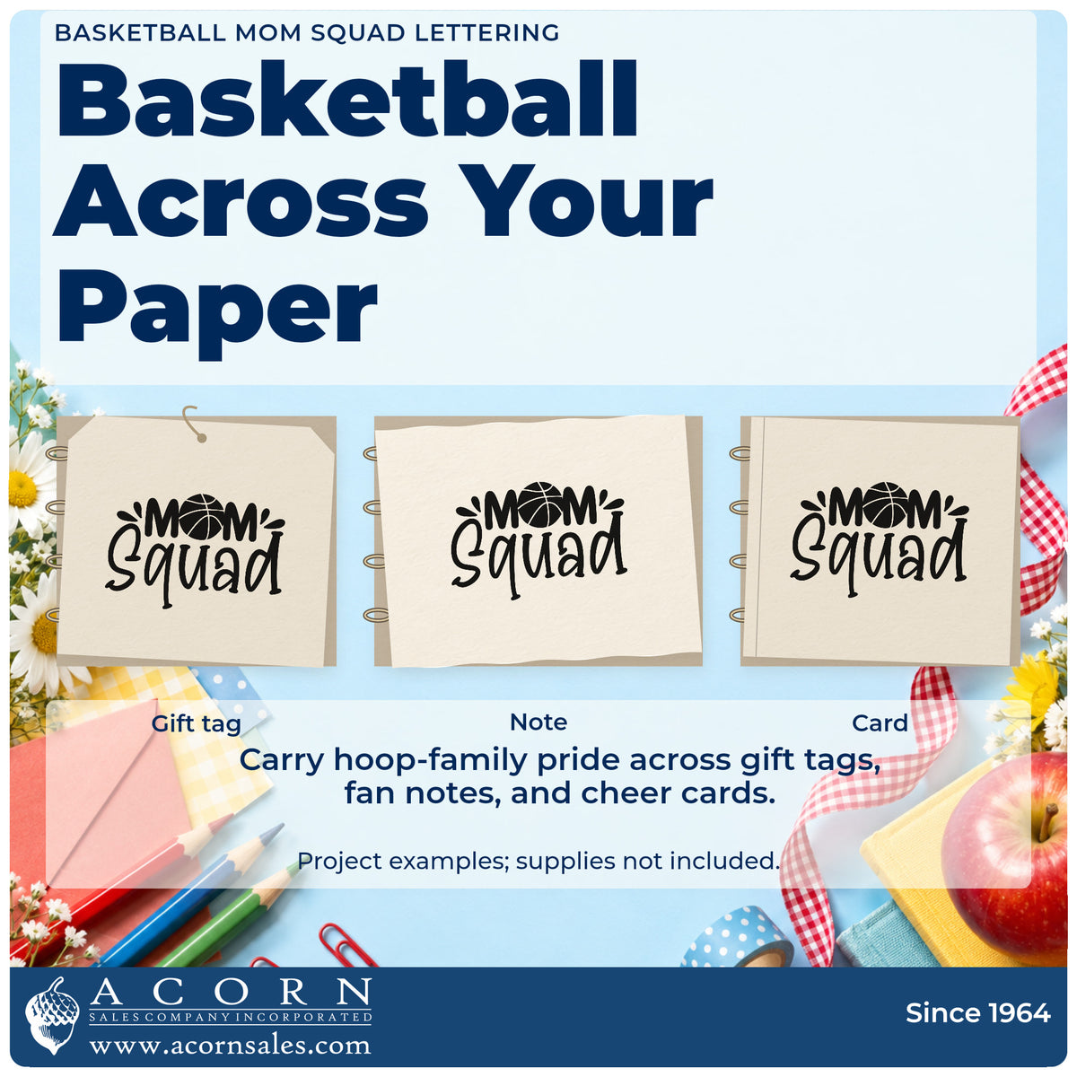 Three project examples made with the Basketball Mom Squad Word Art Premium Wooden Stamp – Vintage Pro, including bake signup sheet.