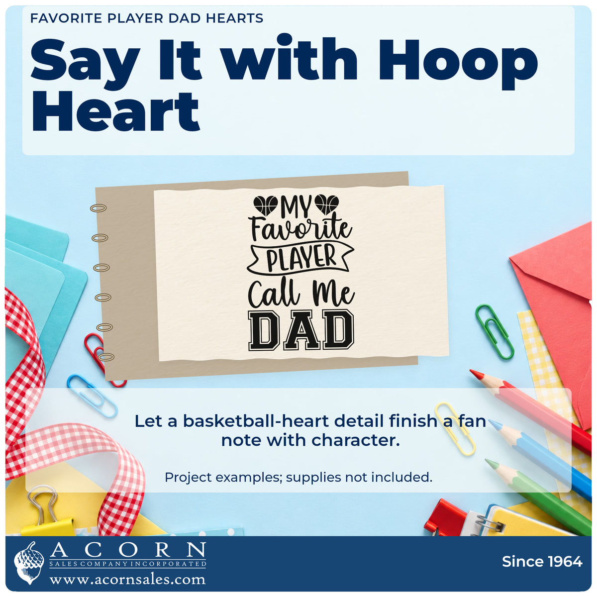 A finished handmade project stamped with the Favorite Player Dad Basketball Hearts Premium Wooden Stamp – Vintage Pro, ideal for desk year album page.