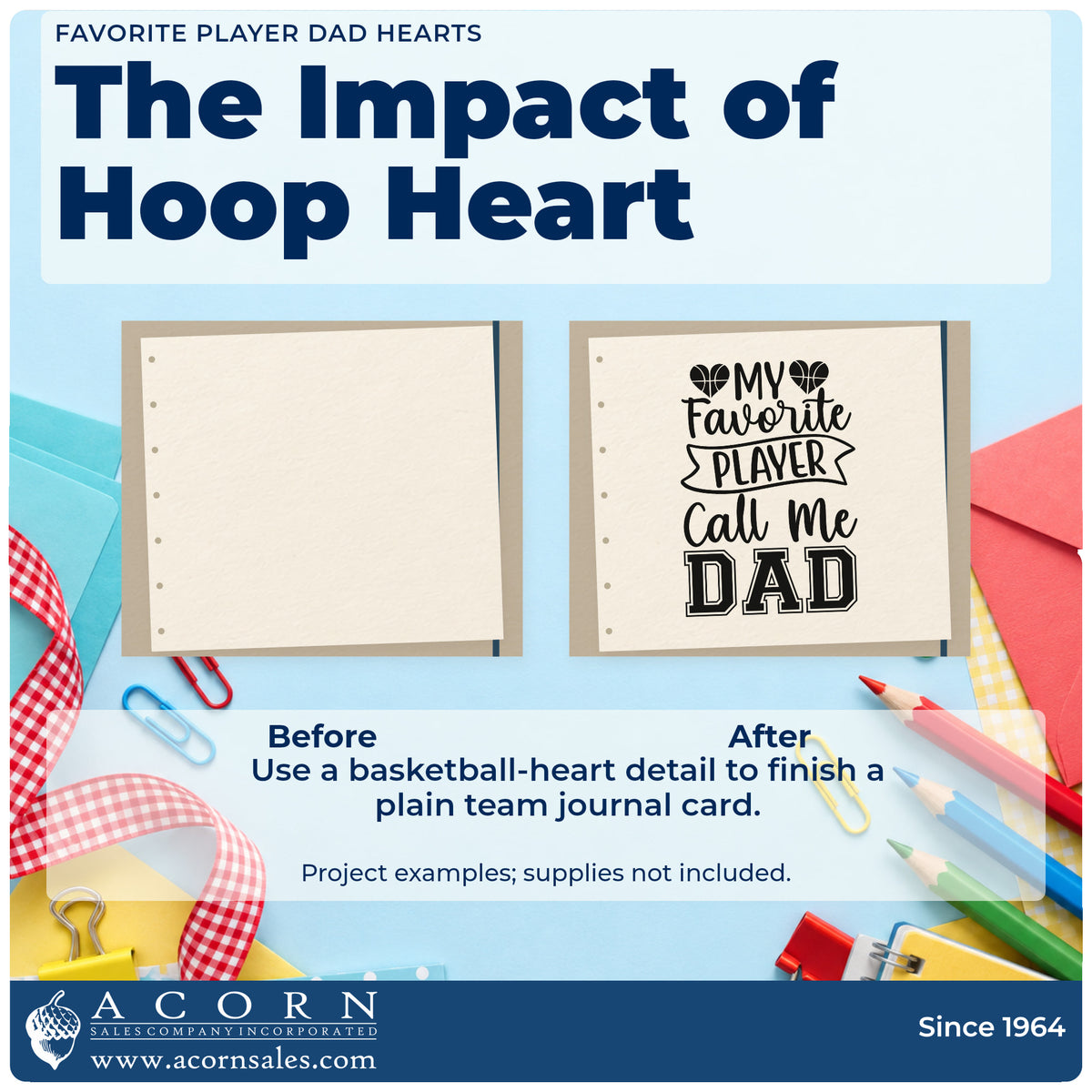 Before and after of a plain item finished with the Favorite Player Dad Basketball Hearts Rubber Stamp – Duo Hand, a quick upgrade for framed office shelf.