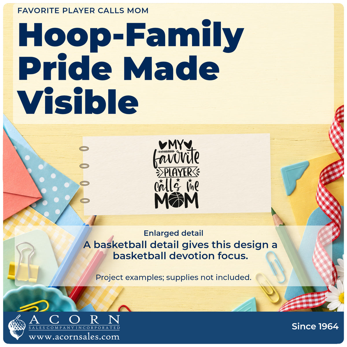 Enlarged detail of the My Favorite Player Calls Me Mom Basketball Stamp – Premium Vintage Pro Wooden imprint. MY favorite PLAYER calls me MOM appears with hearts, stars, a ribbon, and a basketball O.