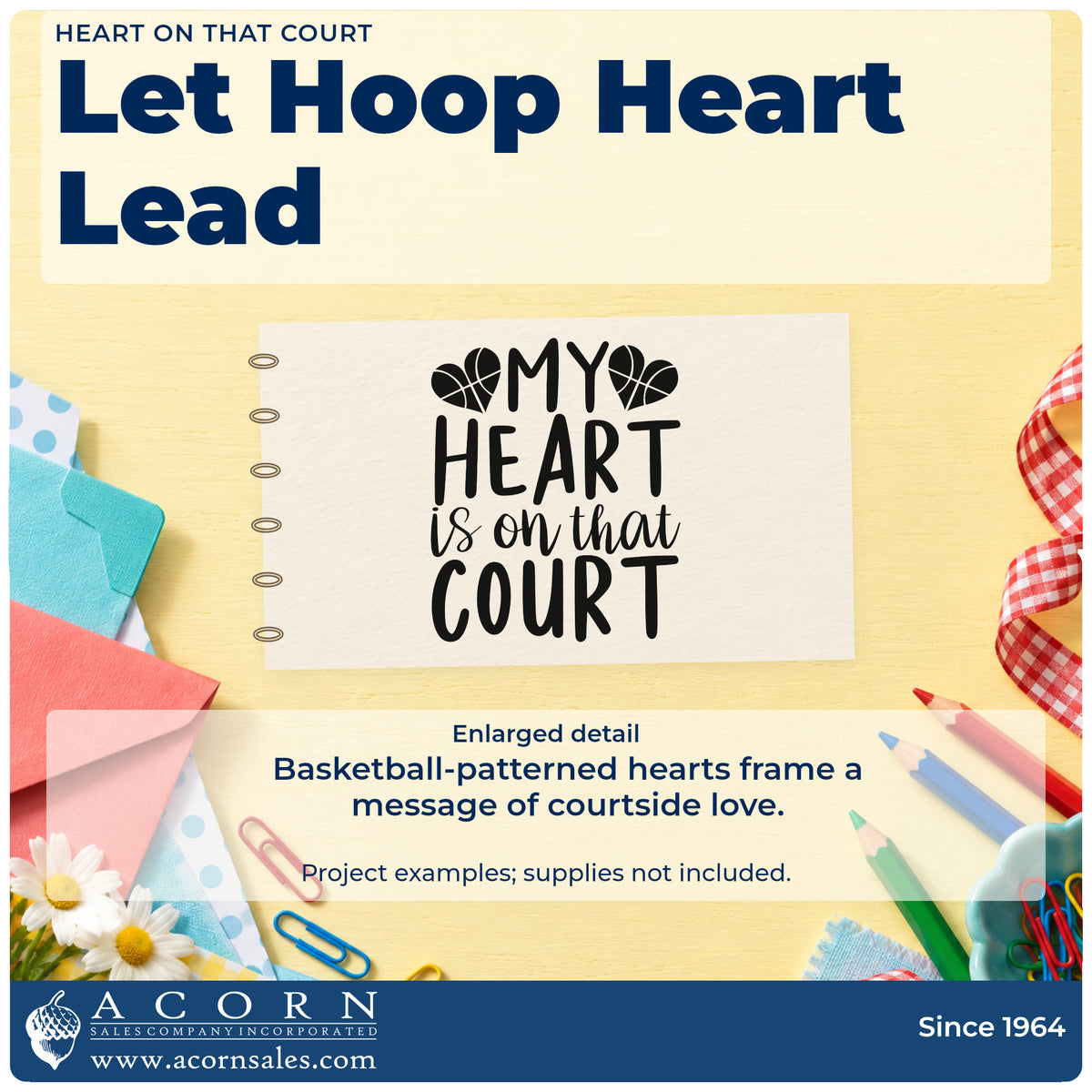 Enlarged detail of the My Heart Is On That Court Stamp – Duo Hand imprint. MY HEART is on that COURT appears between two basketball-pattern hearts.