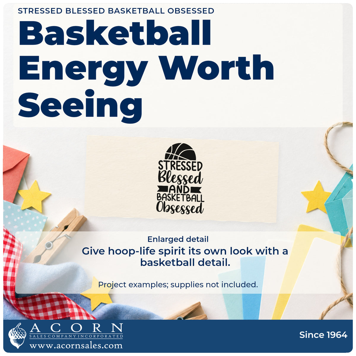 Enlarged detail of the Wood Handle Stressed Blessed And Basketball Obsessed Rubber Stamp imprint. STRESSED Blessed AND BASKETBALL Obsessed appears beneath a half basketball with a small ribbon.