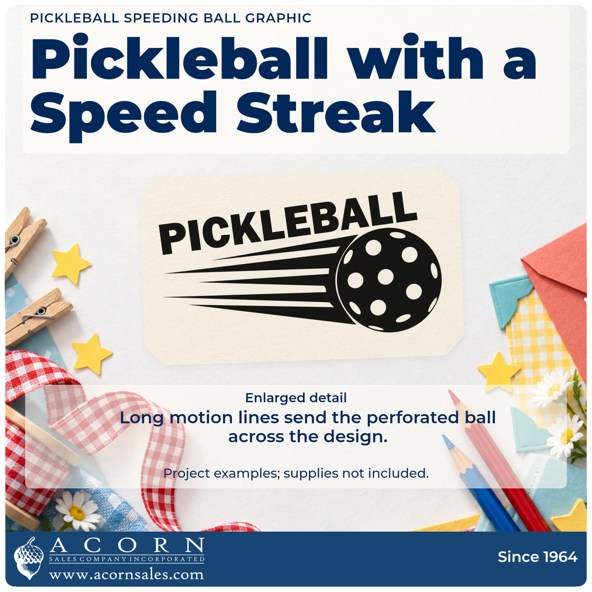 Enlarged detail of the PSI Pre-Inked Pickleball Speeding Ball Stamp imprint. PICKLEBALL appears above a perforated ball with long speed lines.