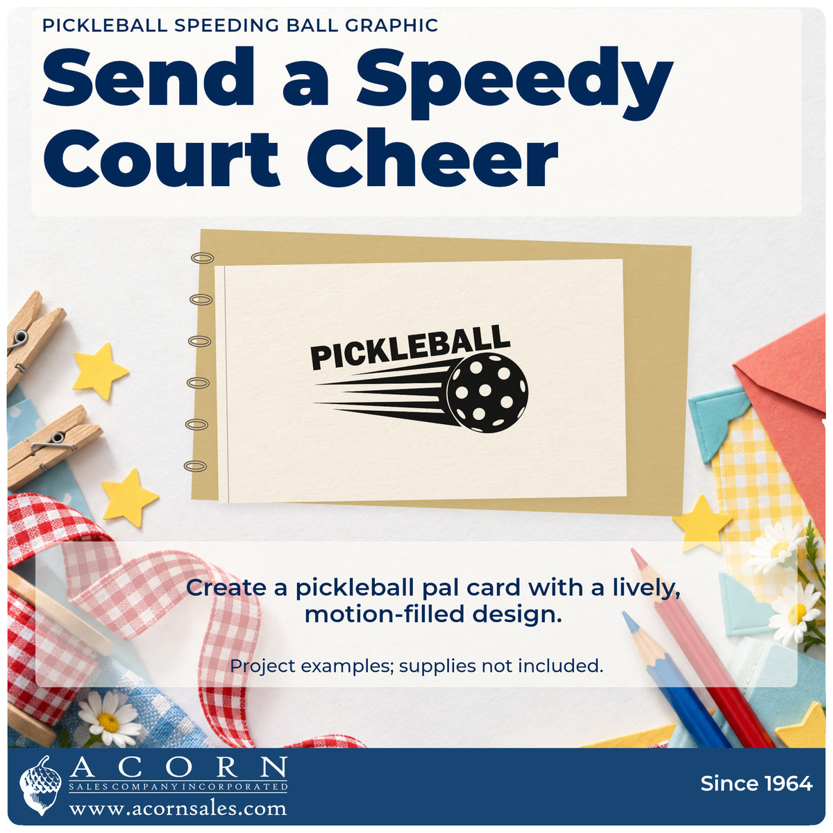 A finished handmade project stamped with the PSI Pre-Inked Pickleball Speeding Ball Stamp, ideal for clinic album page.