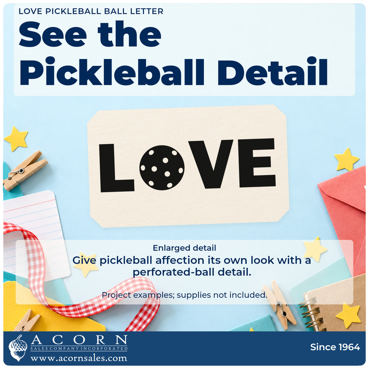 Enlarged detail of the Love With Pickleball Center Wood Handle Stamp imprint. LOVE uses a perforated pickleball in place of the O.