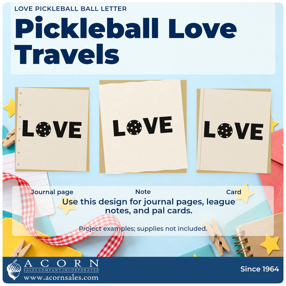 Three project examples made with the Love With Pickleball Center Wood Handle Stamp, including pair draw sheet.