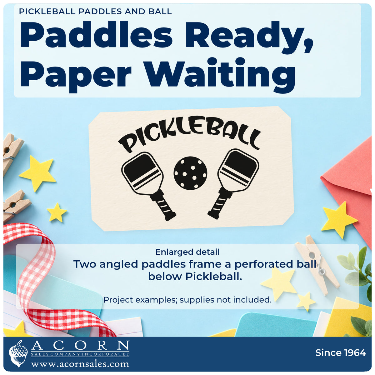 Enlarged detail of the Pickleball Paddles And Ball Premium Wooden Stamp – Vintage Pro imprint. PICKLEBALL curves above two angled paddles flanking a perforated ball.